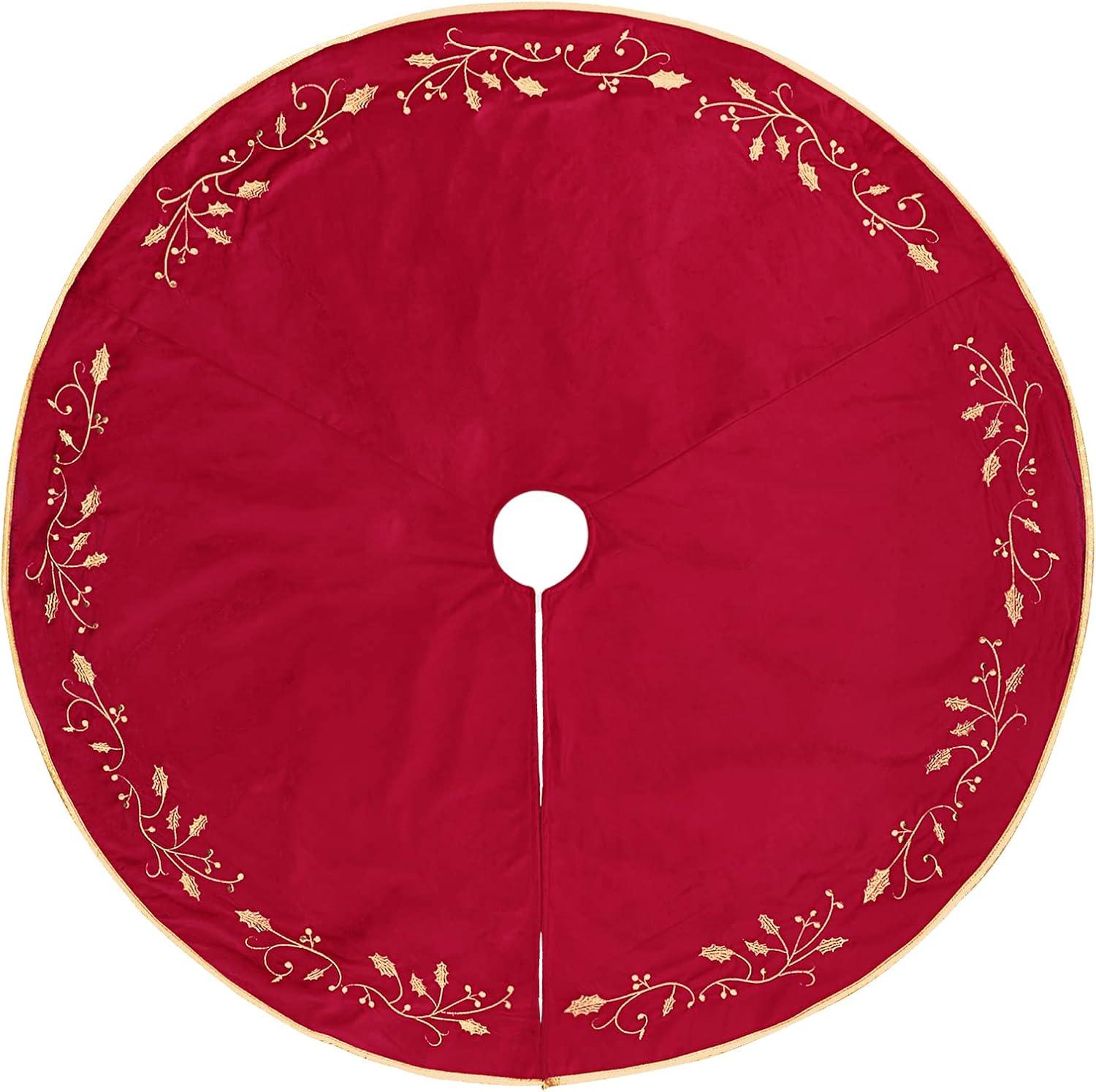 Red Velvet Fur 48'' Christmas Tree Skirt with White Trim