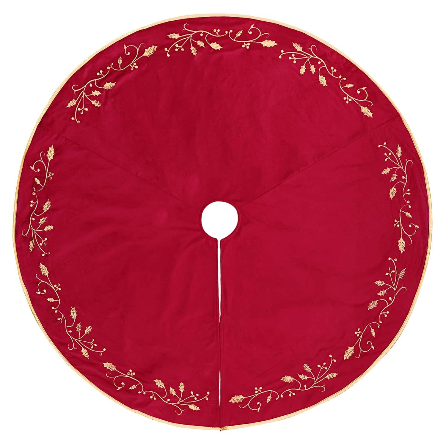 Christmas Tree Skirt, 48 inches Red Luxury Velvet Plush Fur Skirts with Gold Embroidered Holly Leaf for Rustic Xmas Tree Holiday Decorations