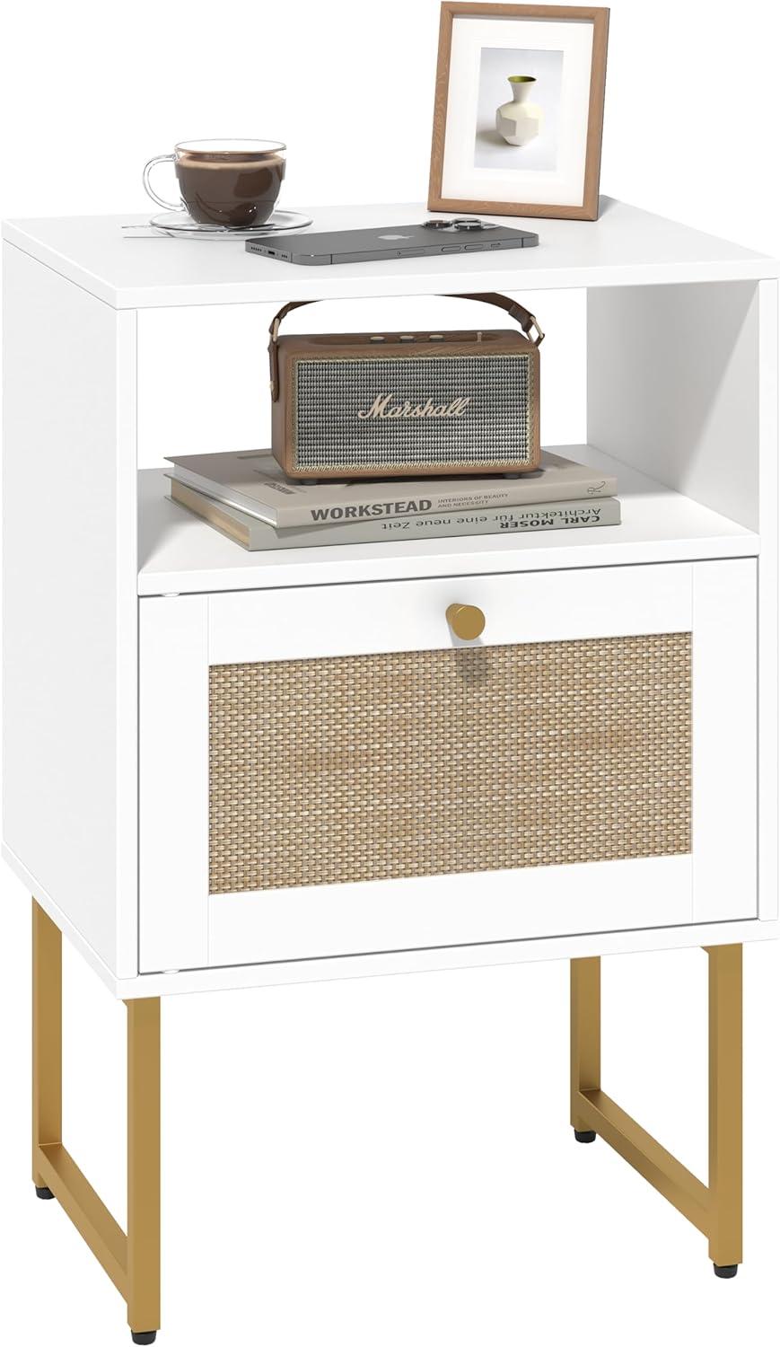 White and Gold Modern Rattan Nightstand with Drawer