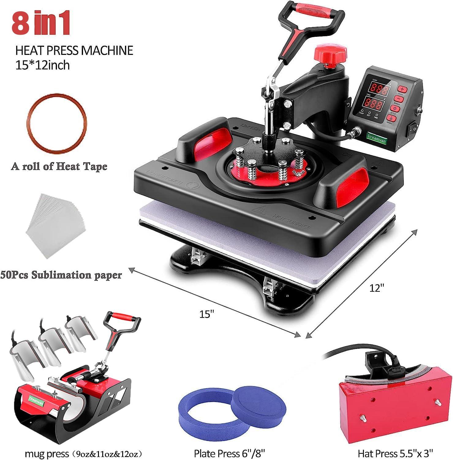WHUBEFY Heat Press, 15x12 Inch 8 in 1 Shirt Press Multifunction Combo 360° Swing Away Digital Printing Heat Transfer Sublimation Machine Vinyl Heat Press Machine for T Shirts, Cap, Mug, Plate, DIY
