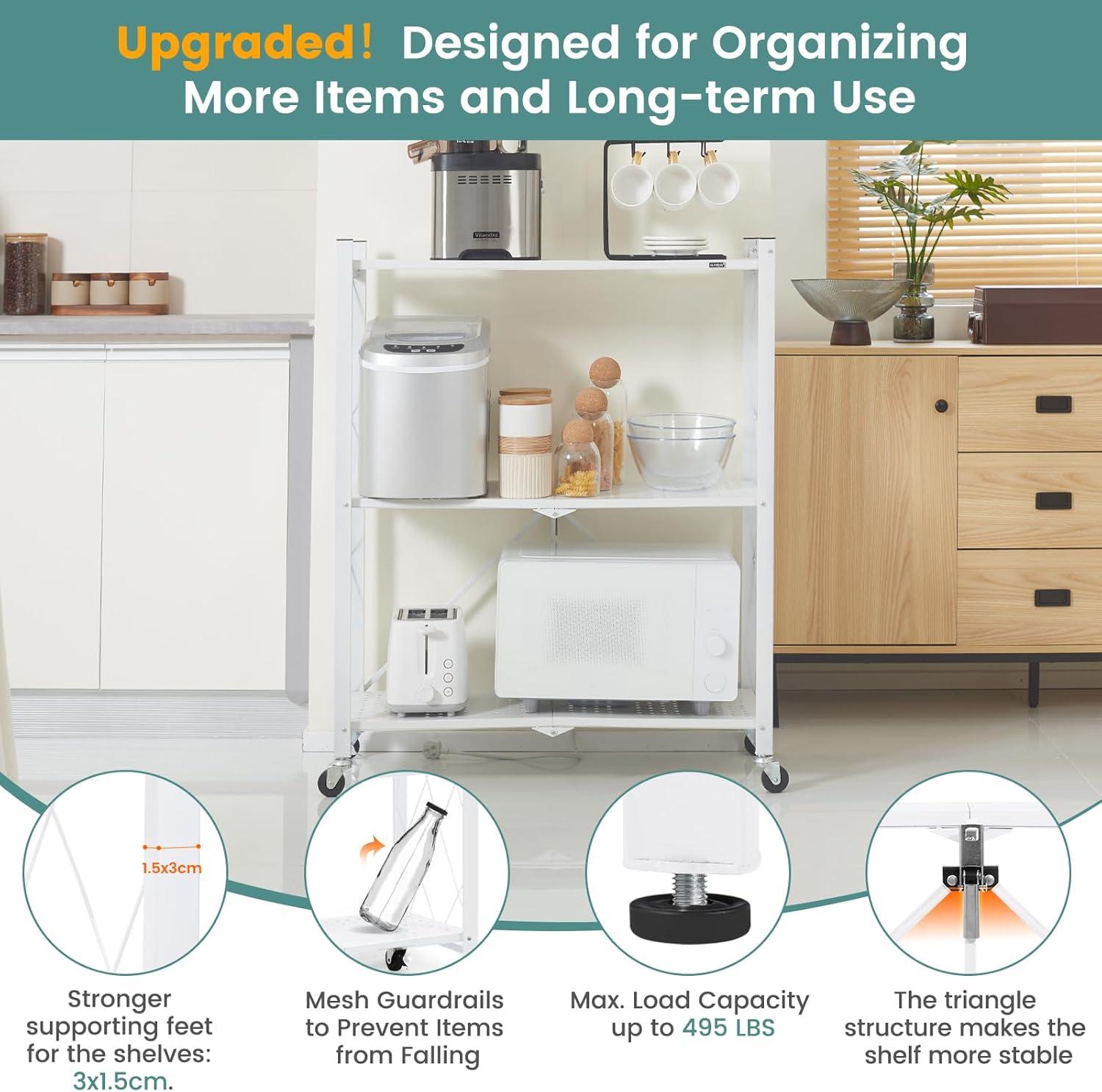 3-Tier Storage Shelves with Wheels, Folding Bookshelf No Assembly, Metal Display Shelf for Balcony, Kitchen, Basement, Pantry, White