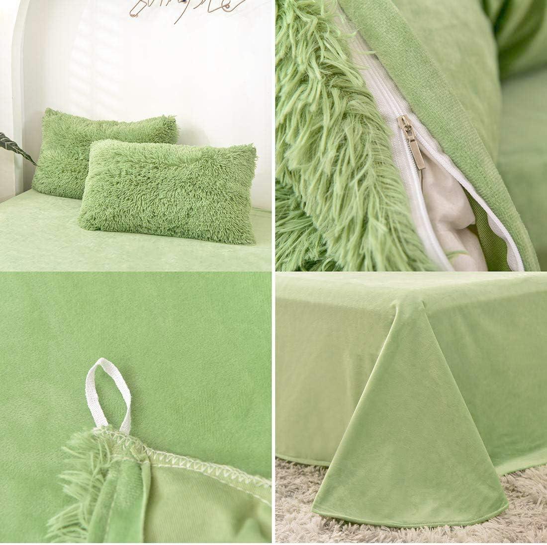 MorroMorn 5 PCS Shaggy Duvet Cover Bedding Set - Fluffy Comforter Cover Long Faux Fur Luxury Ultra Soft Cozy (Olive Green, Full/Queen)