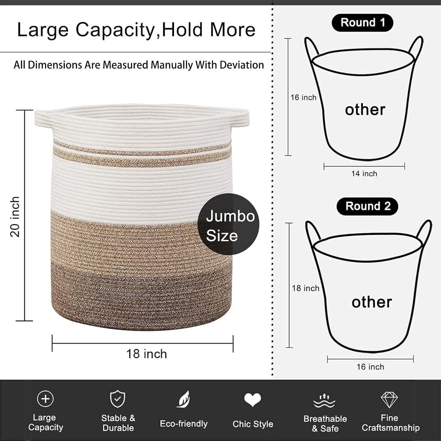 Large Beige and White Collapsible Woven Laundry Hamper