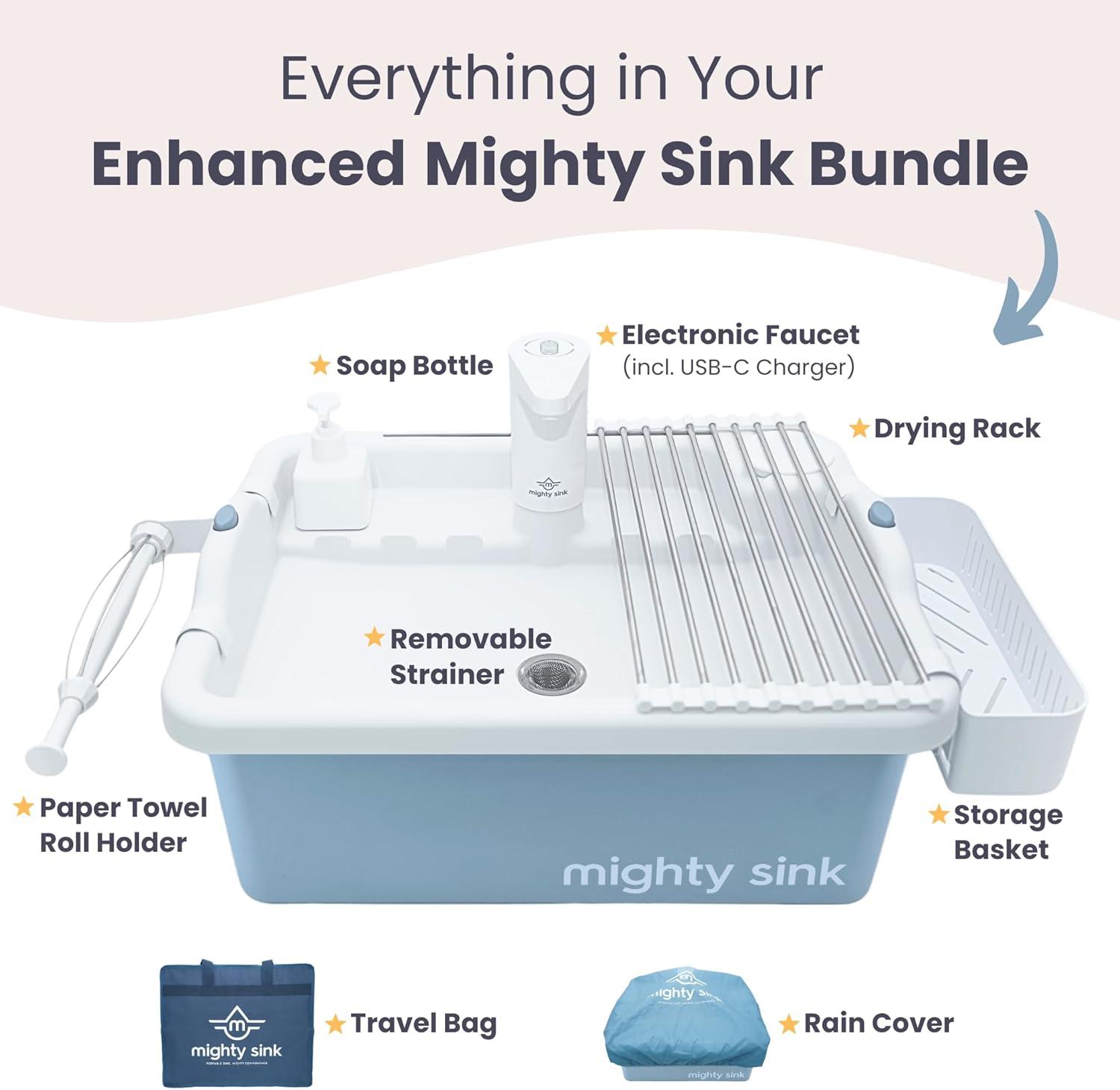 Mighty Sink Portable Sink: Patented Wash Station with Electronic Faucet | 2 Gallons | Easy Setup | Indoor & Outdoor Use | Ideal for Dishwashing, Camping Hygiene, Gardening, Pottery & More