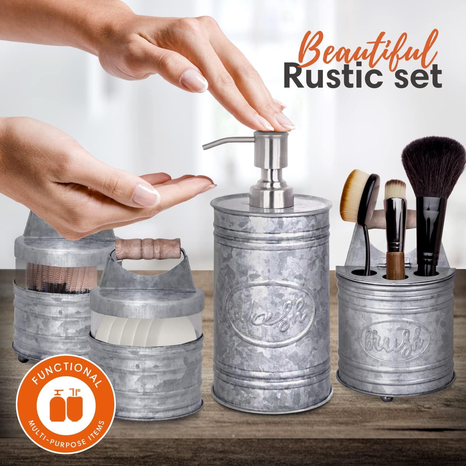 THE GLAMOUR BOUTIQUES Rustic Bathroom Accessories Set 4 - Galvanized Soap Dispenser, Rustic Toothbrush Holder, 2 Apothecary Jars Qtip Holder - Rustic Bathroom Decor – Farmhouse Bathroom Accessories