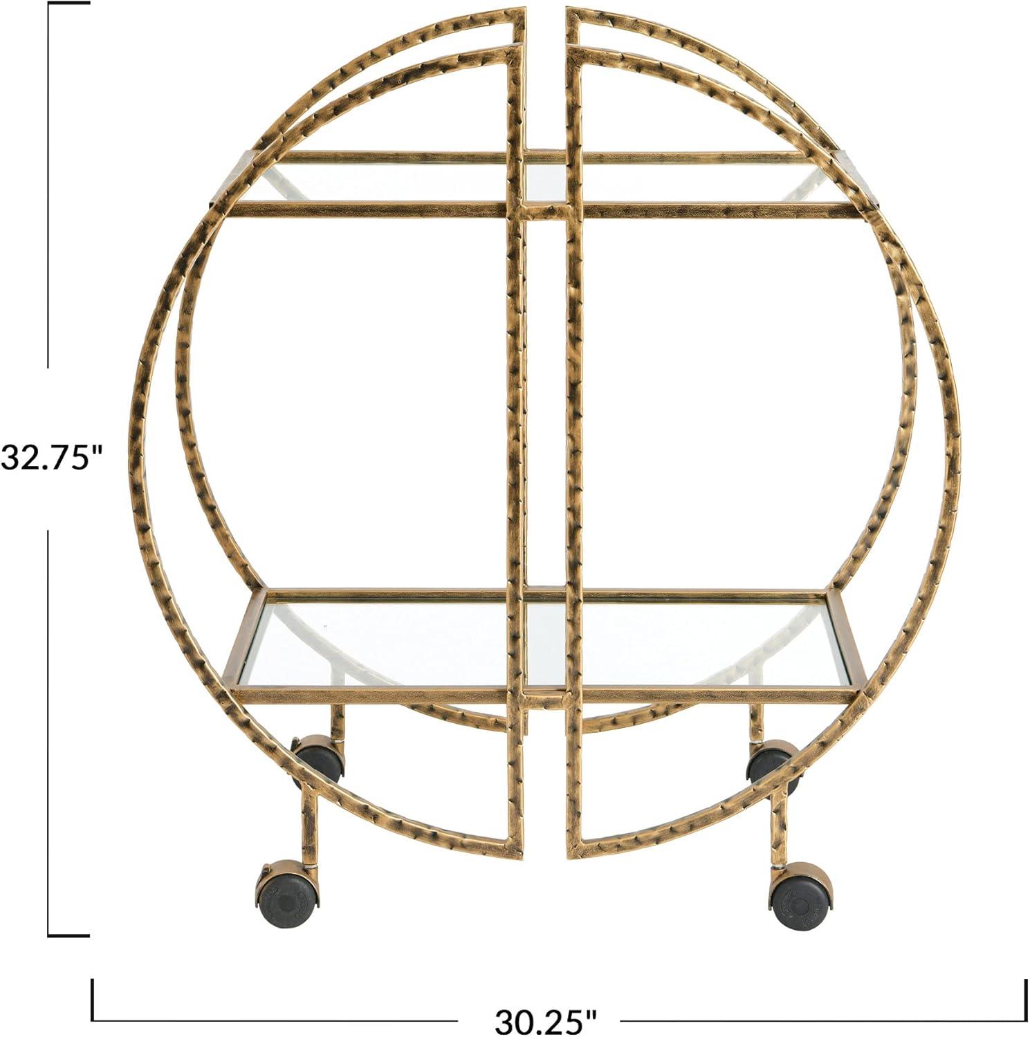 Ember Interiors Modern Round Hammered Brass Bar Cart with Wheels