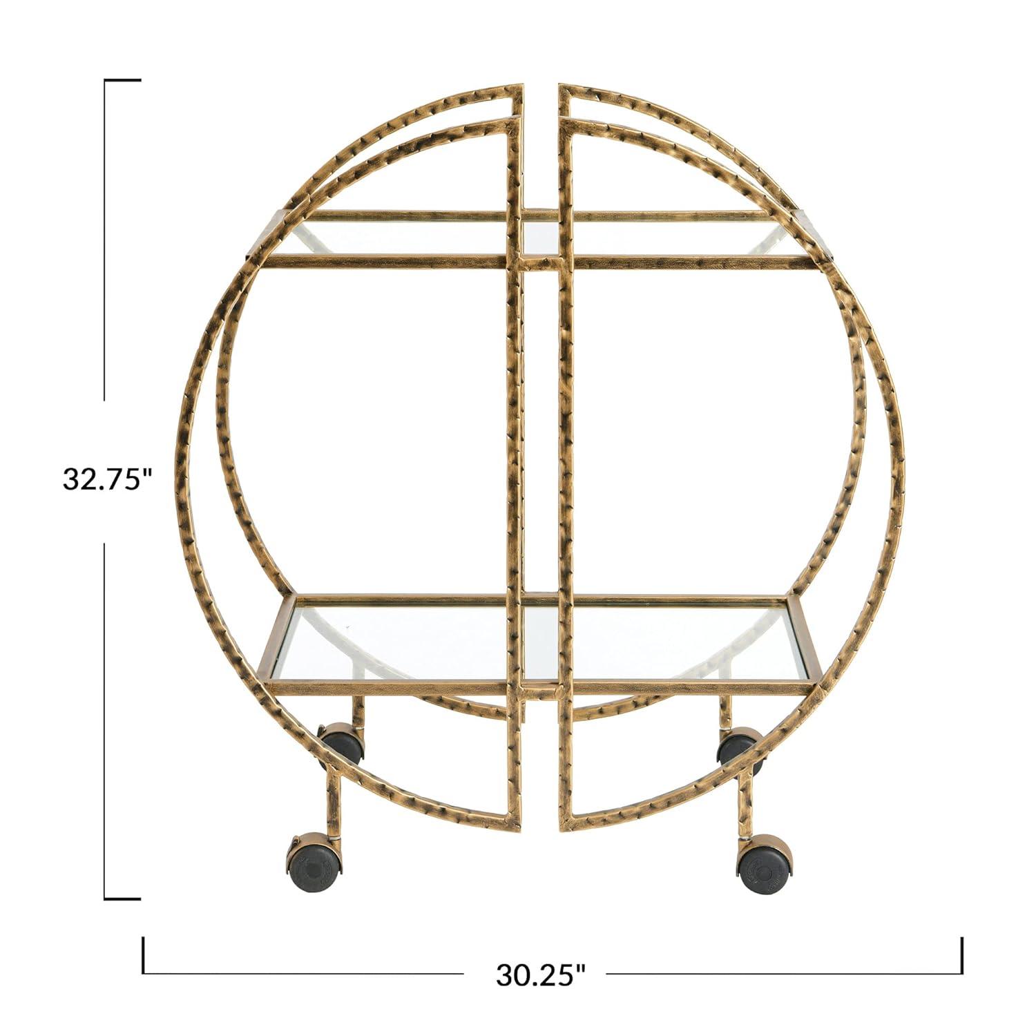 Ember Interiors Modern Round Hammered Brass Bar Cart with Wheels