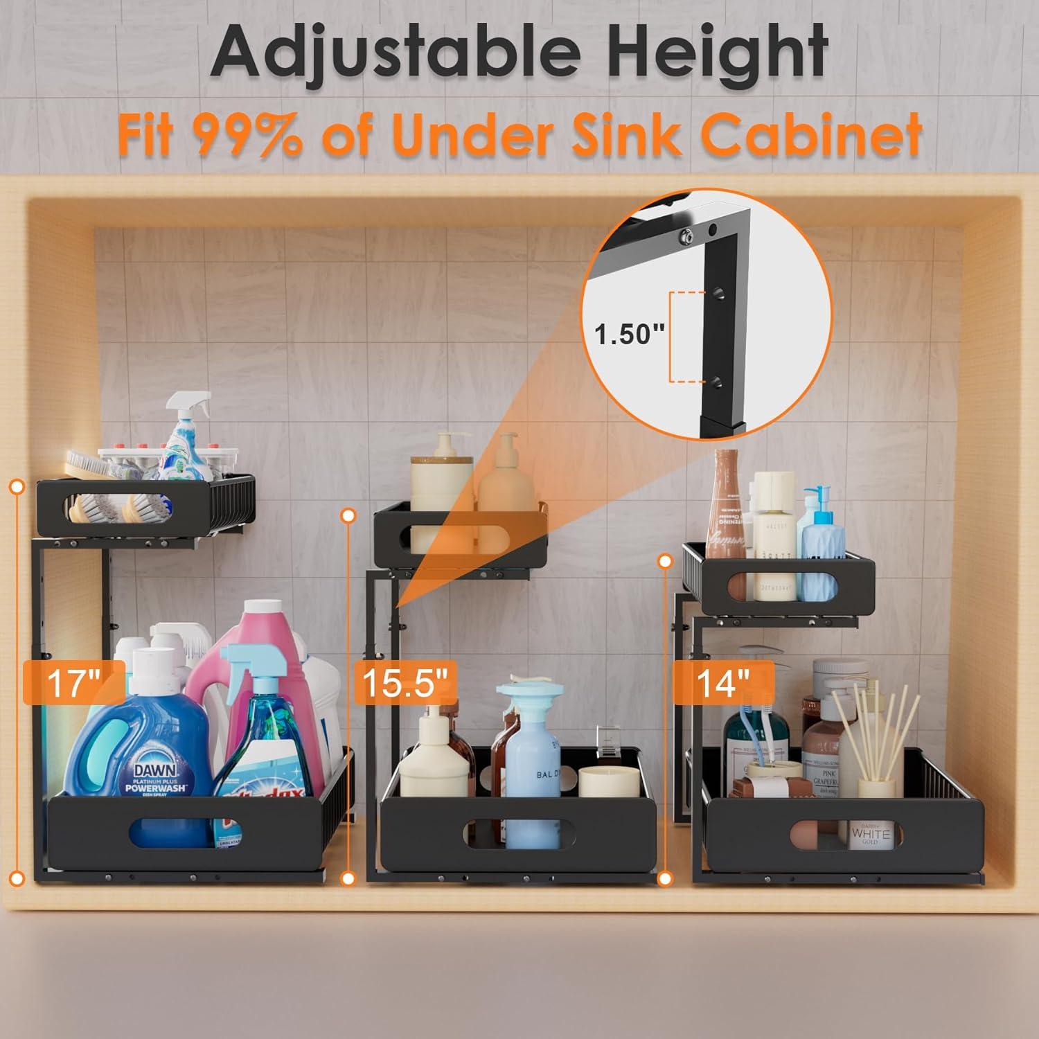 Rebrilliant Under Sink Organizer, 2 Tier Under Sink Organizers And Storage, Metal Slide Out Pull Out Cabinet Organizer ,2 Pack Sliding Drawer Organizer For Kitchen Bathroom Pantry