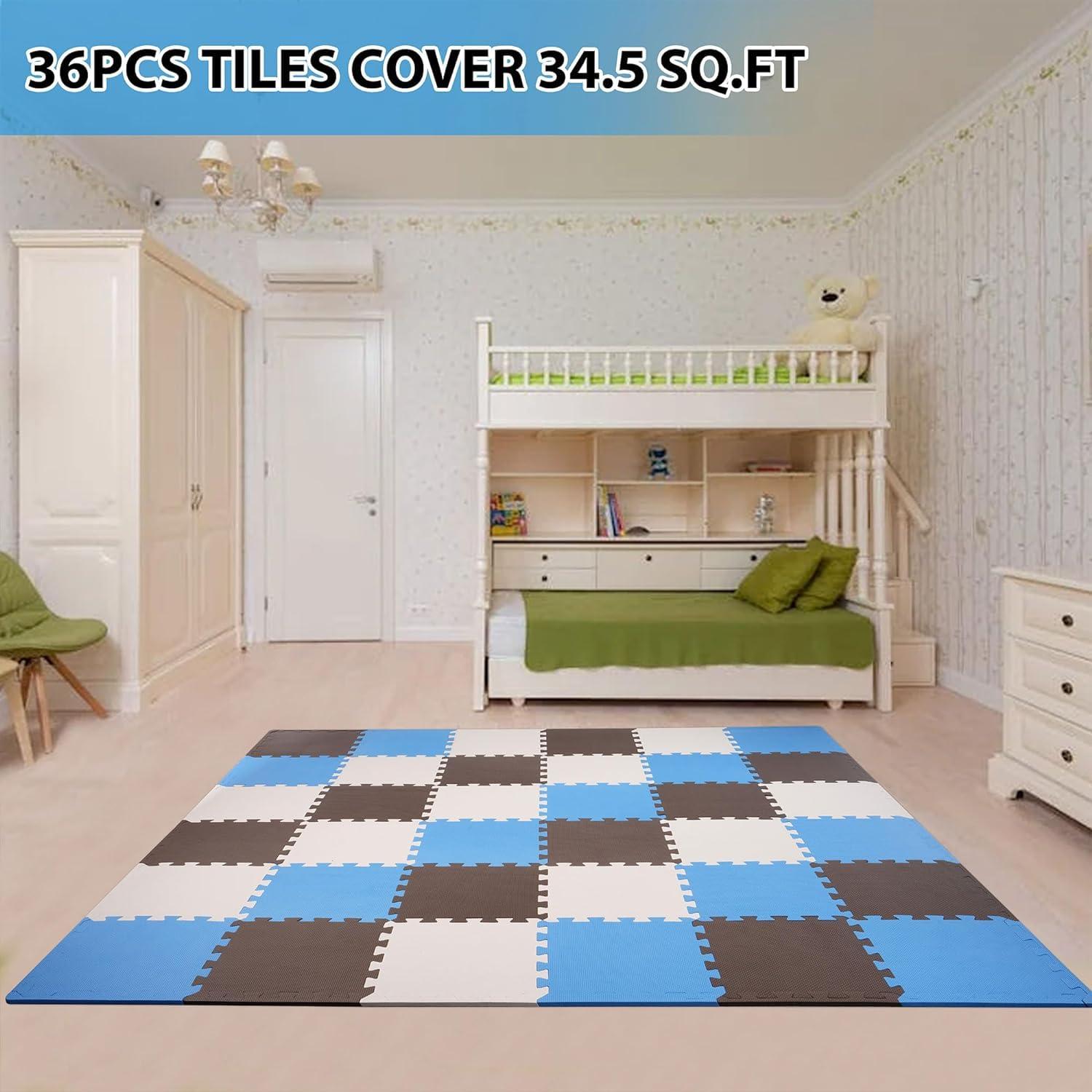 BalanceFrom Fitness 36 Tile Thick Non Slip Interlocking EVA Foam Kids Puzzle Home Floor Exercise Play Mat Set, Covers 36 Square Feet, Blue/Brown/Beige