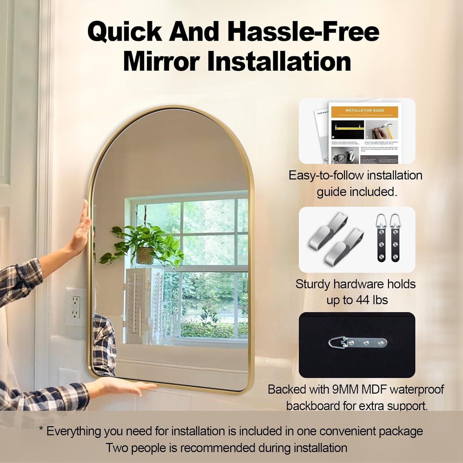 Arched Aluminum Alloy Framed Decorative Wall Mirror 20x30 - Gold