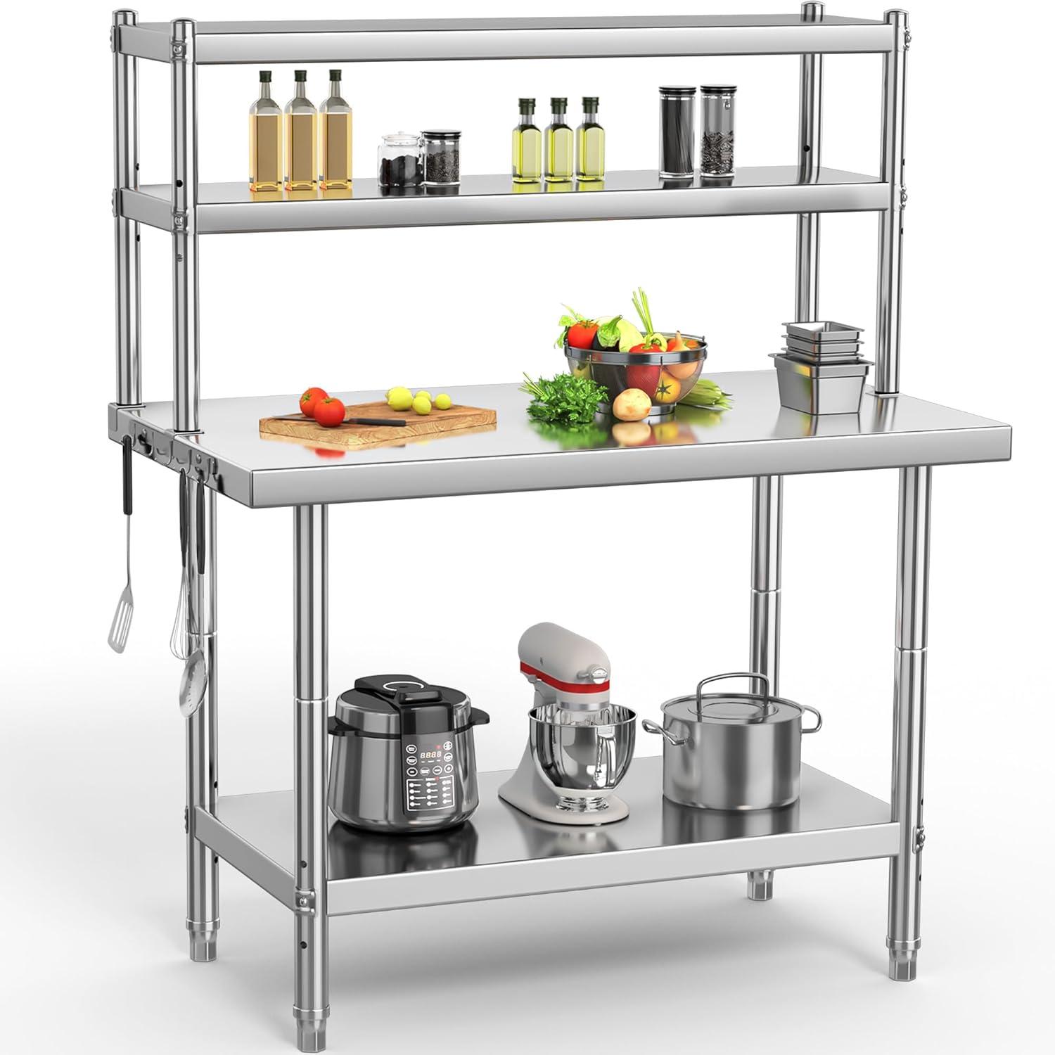 Dextrus Stainless Steel Table with Overshelves, 36" X 24" Work Table with 36" X 12" Shelf, Metal Table Prep Table for Home Kitchen Restaurant Garage Warehouse