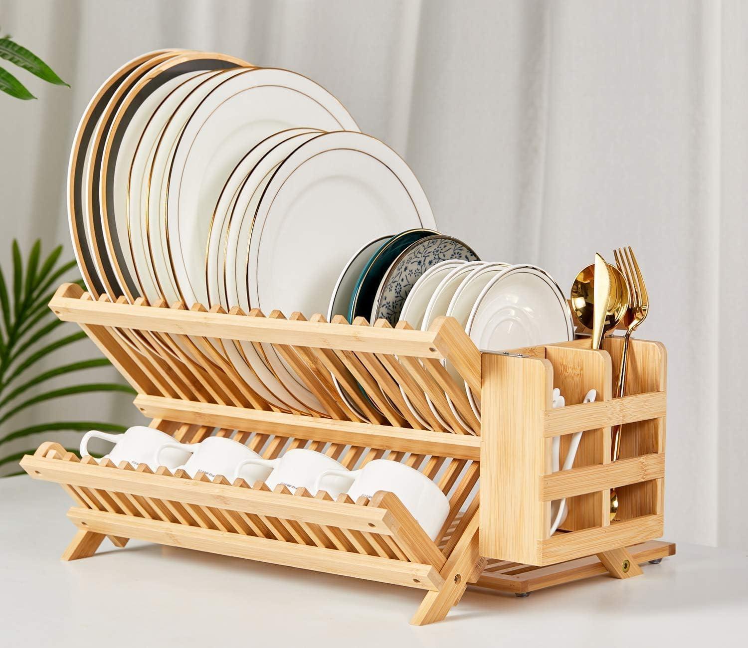 Bamboo Dish Drying Rack with Utensil Holder, Collapsible Wooden Dish Drainer Rack, 3-Tier Large Folding Drying Holder for Kitchen Counter