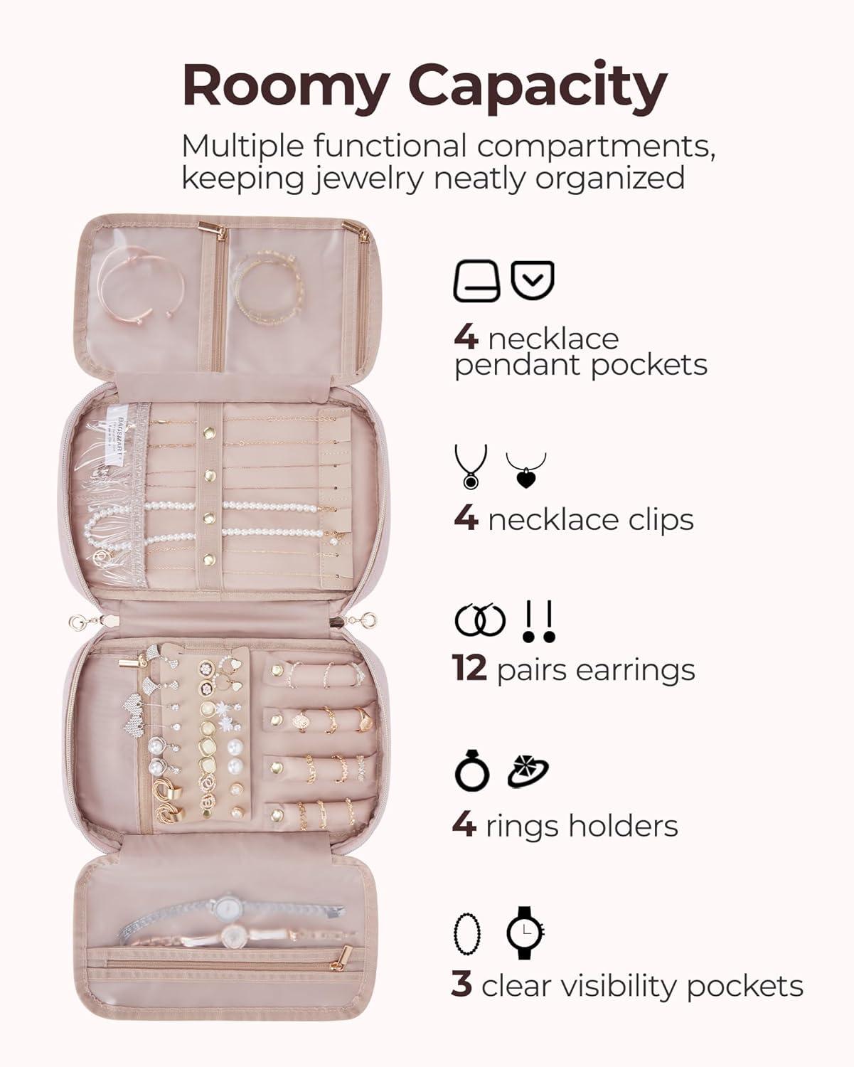 Soft Pink Rectangular Travel Jewelry Organizer with Buckle and Zipper Closure