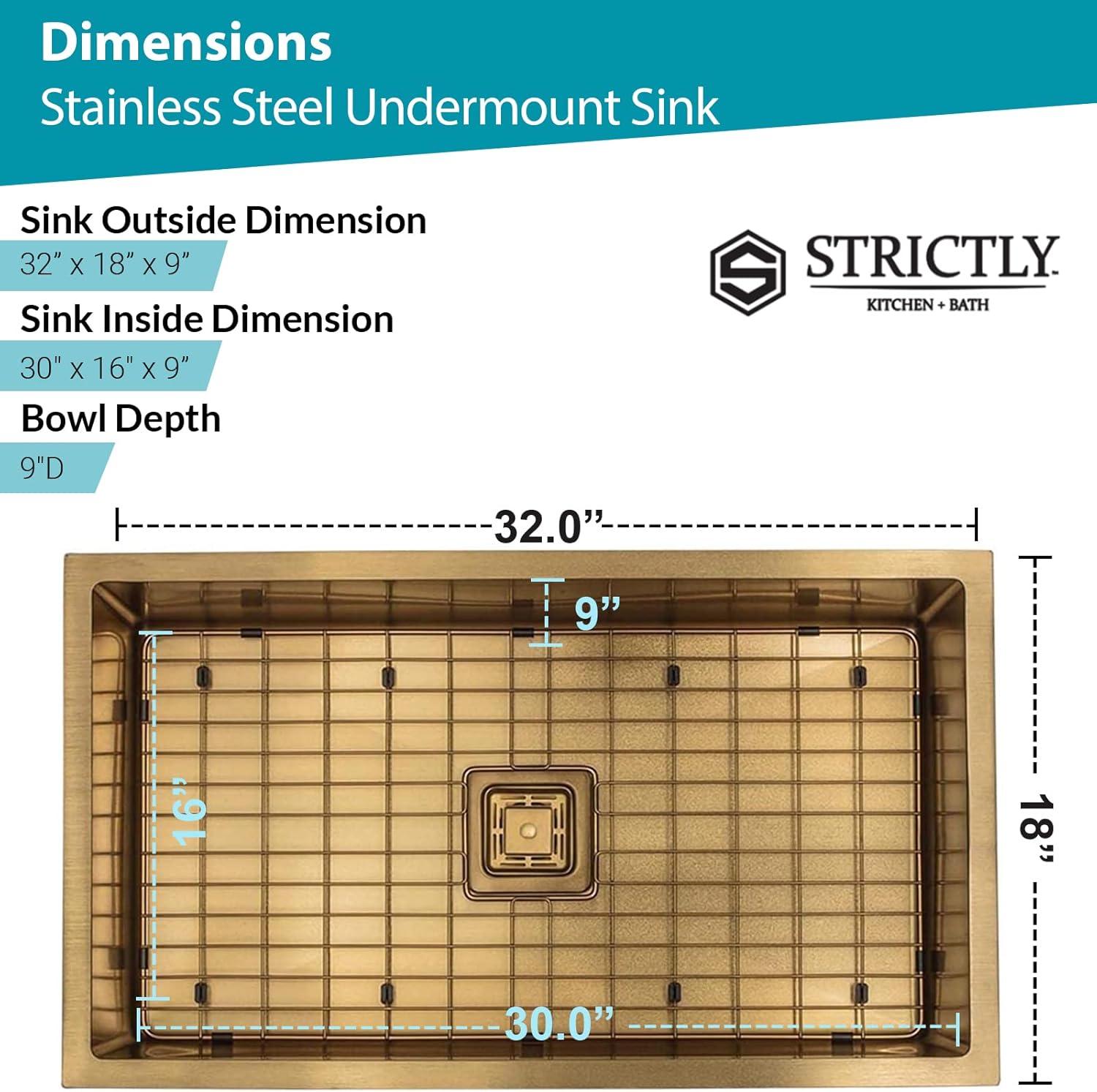 Strictly Sinks 32 Inch Undermount Single Bowl Kitchen Sink – Sink with Bottom Grid & Drain – Gold