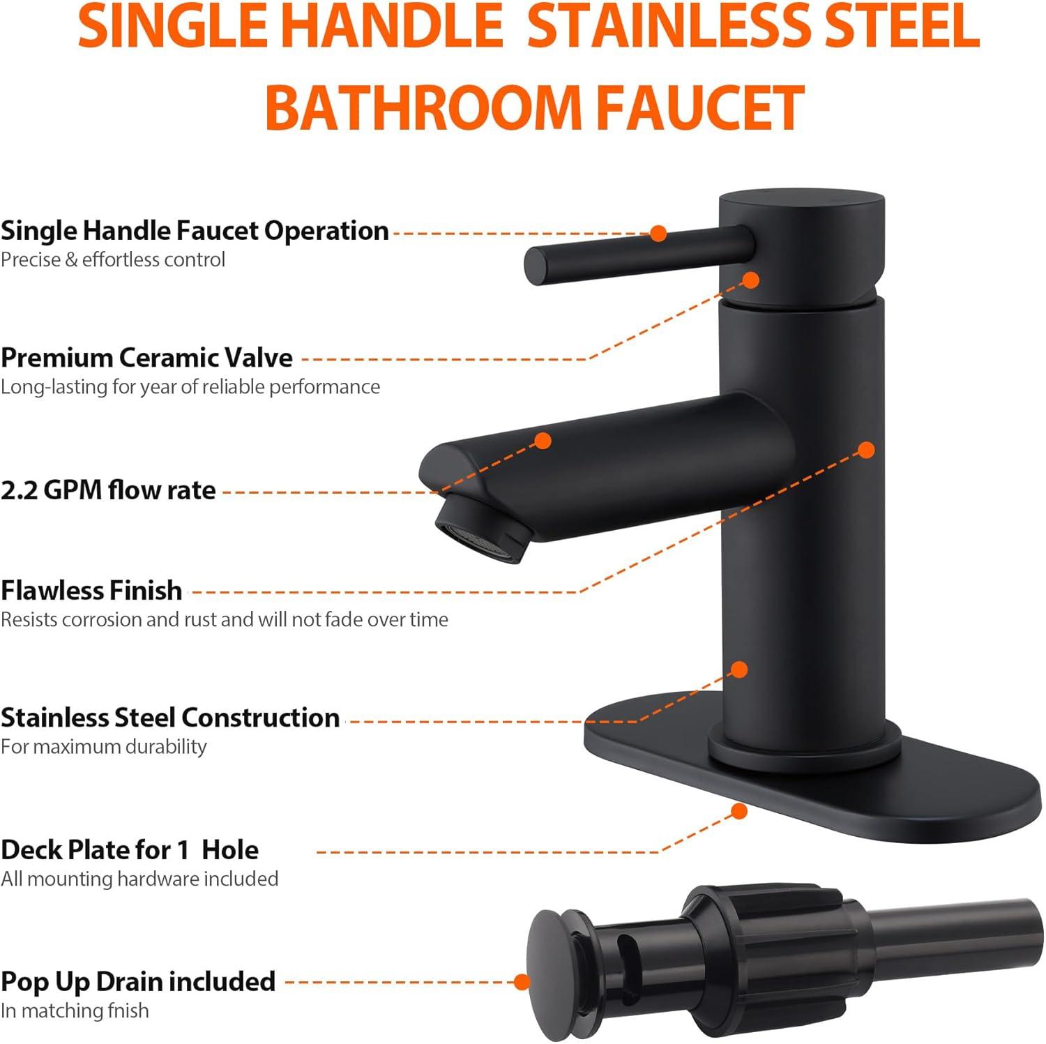 Bathroom Sink Faucet One Hole,Lavatory Tap for Basin,Matte Black Bathroom Sink Faucet with Metal Pop Up Drain Assembly， Bathroom Faucet 1 Hole with 3 Hole Deck Plate