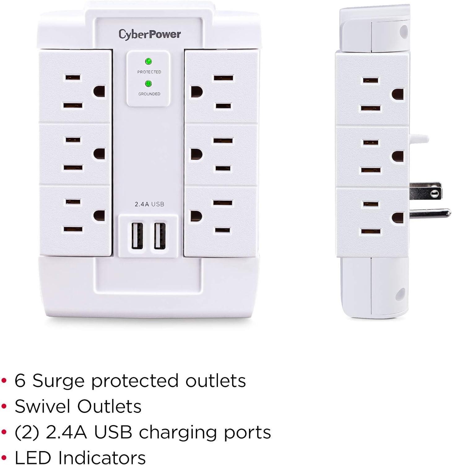 CyberPower CSP600WSURC2 6-Outlet Swivel Professional Surge Protector Wall Tap With 2 USB Ports