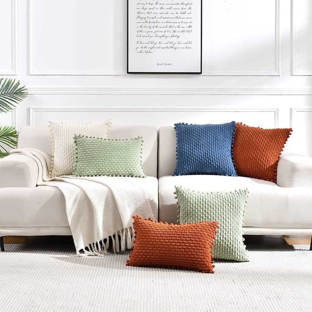 Boho Sage Green Striped Corduroy Pillow Covers - Set of 2 | Farmhouse Rectangle Cushion Cases for Sofa Couch Bed | Soft Decorative Throw Pillowcases - 12x20 Inch Home Decor
