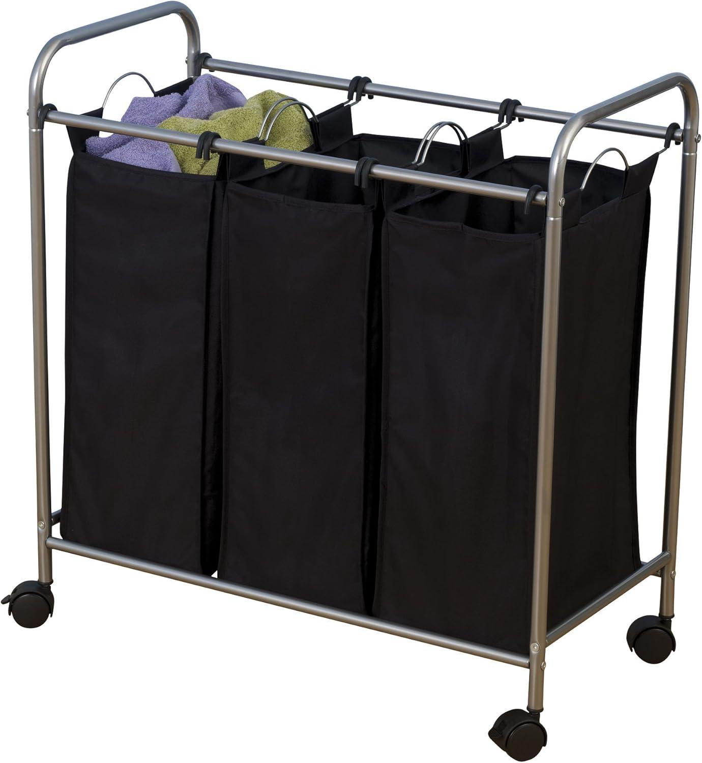 Household Essentials 7044 Triple Laundry Sorter on Wheels - Black and Grey