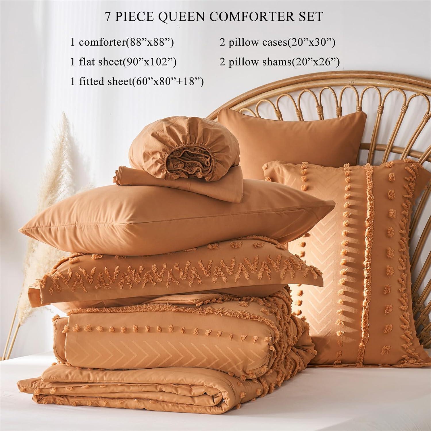 7 Pieces Queen Comforter Set, Pumpkin Tufted Boho Shabby Chic Bed in a Bag Comforter and Sheet Set, All Season Soft Microfiber Complete Bedding Set (Pumpkin, Queen)