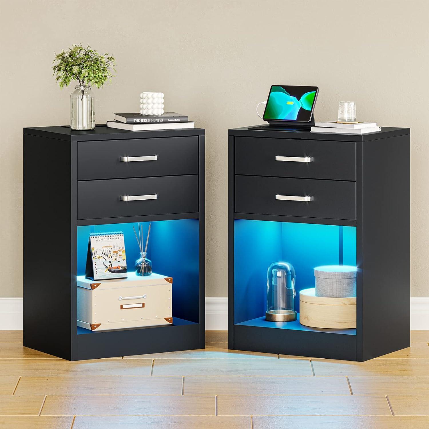 Set of 2 LED Nightstands with Charging Station, Modern Bedside Table with 2 Drawers, Black