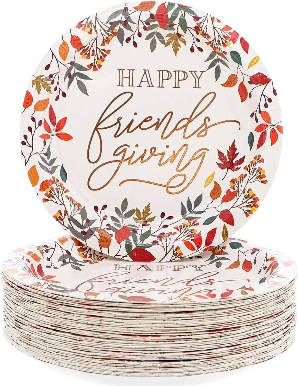 Sparkle and Bash 48 Pack Friendsgiving Plates, 7-Inch Paper Plates with Fall Leaves and Rose Gold Foil, Thanksgiving Party Decor Supplies