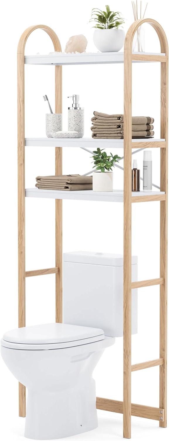 White and Natural Wood Over-the-Toilet Storage Shelf