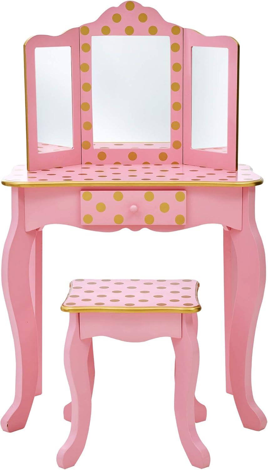 Pink and Gold Polka Dot Kids Vanity Set with Bench