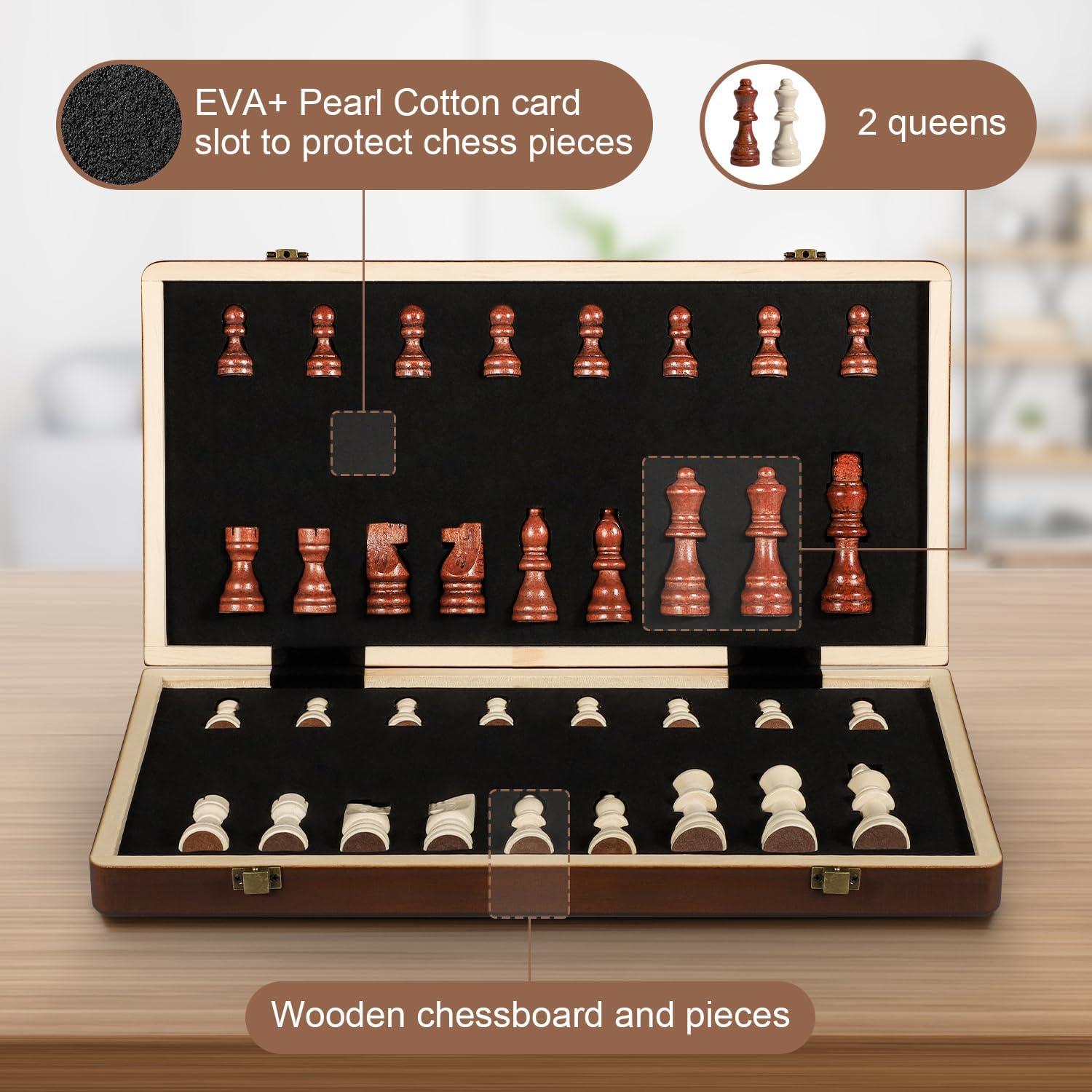 KiddiTouch 15 inch Magnetic Wooden Chess Set 2 in 1 Folding Chess Board Travel Chess Games for Adults and Kids-2 Extra Queen Pieces