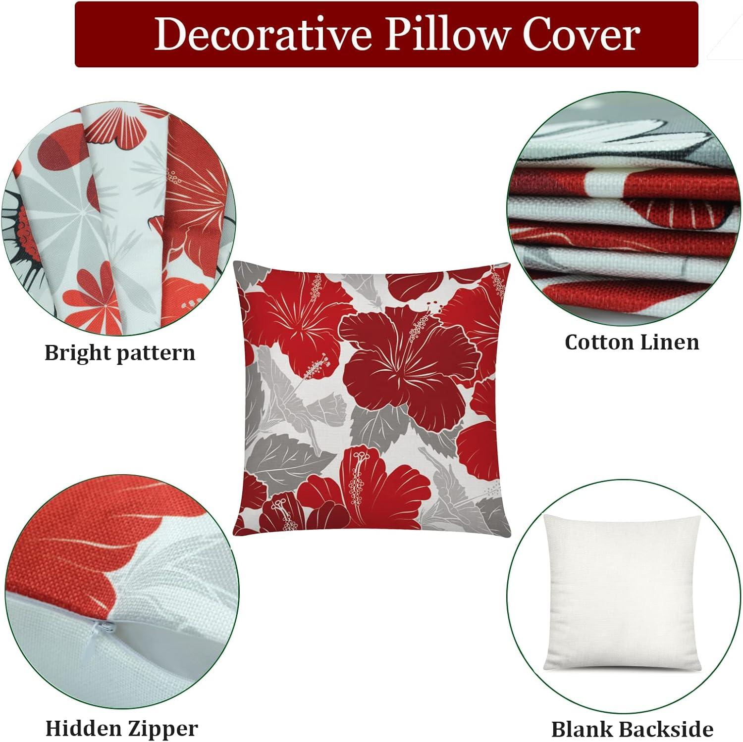 Red and Grey Cotton Daisy 18" Pillow Covers Set of 6