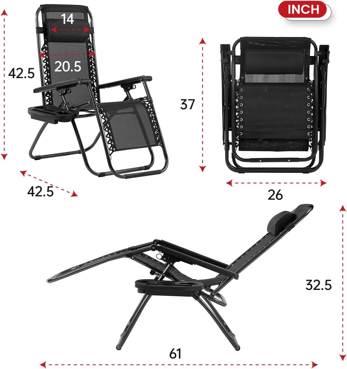 Black Steel Zero Gravity Reclining Outdoor Lounge Chairs with Cup Holder, Set of 2