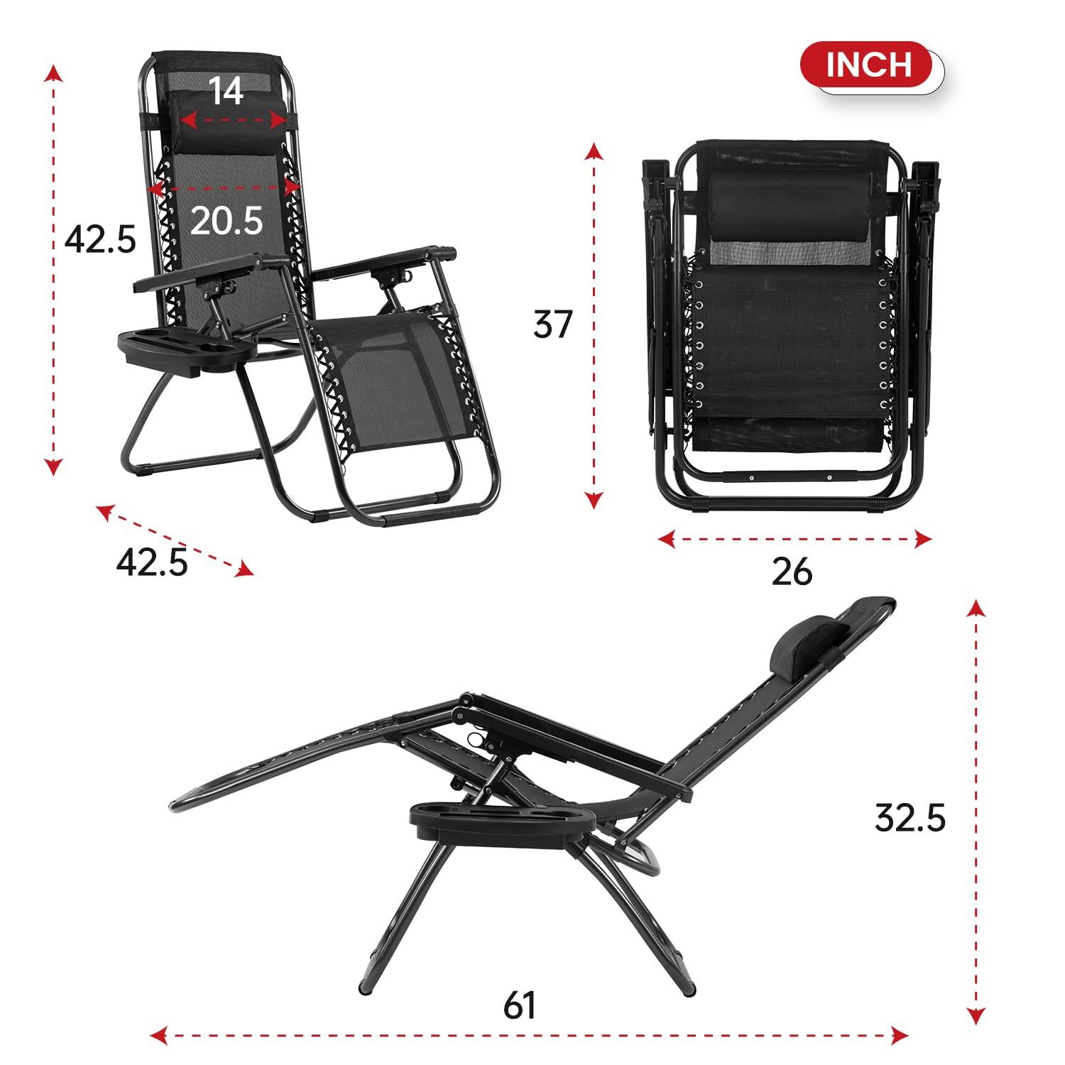 FDW Zero Gravity Lawn Lounge Chairs Set of 2 with Pillow and Cup Holder - Adjustable Reclining Folding Outdoor Chairs for Deck, Beach, Yard,Black