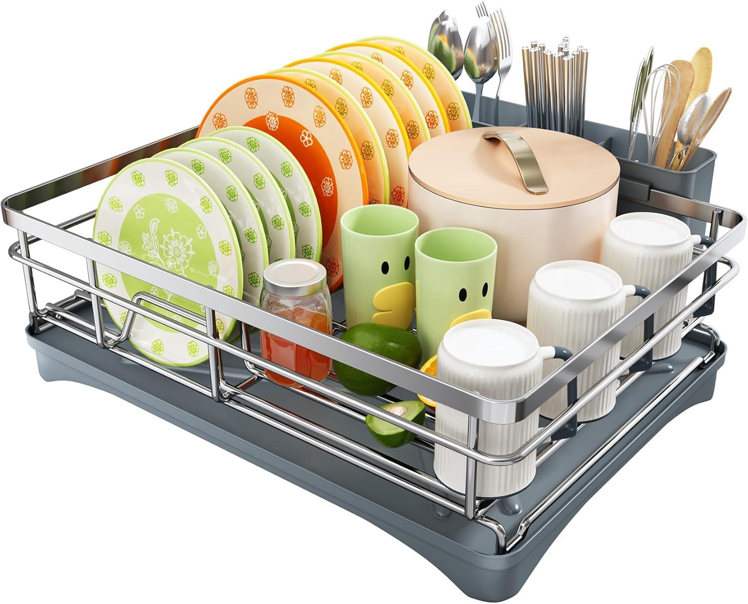 Dish Drying Rack - Stainless Steel Dish Rack for Kitchen Counter, Large-Capacity Dish Drainer with Cutlery Holder, Kitchen Organizer for Dishes, Spoons and Forks, Black