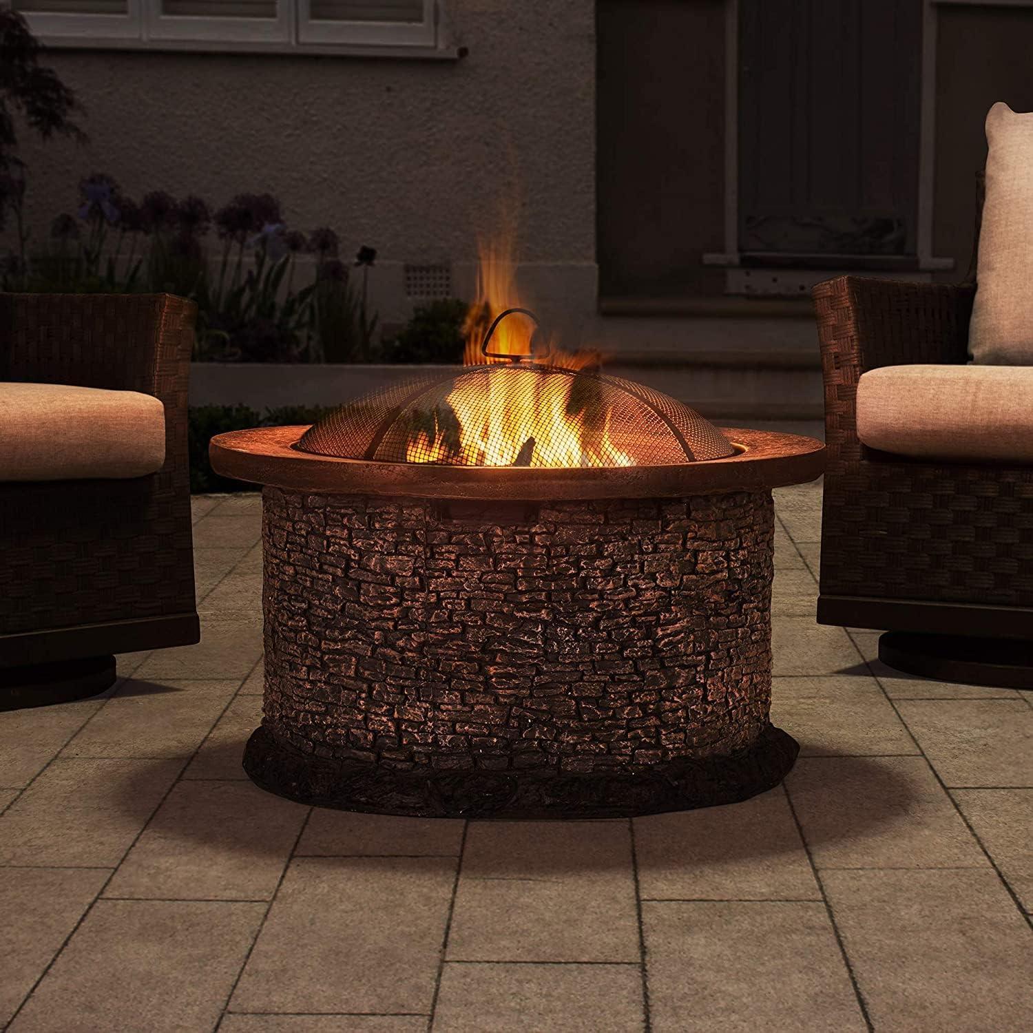 Sunjoy Stone 32 in. Round Wood-Burning Fire Pit