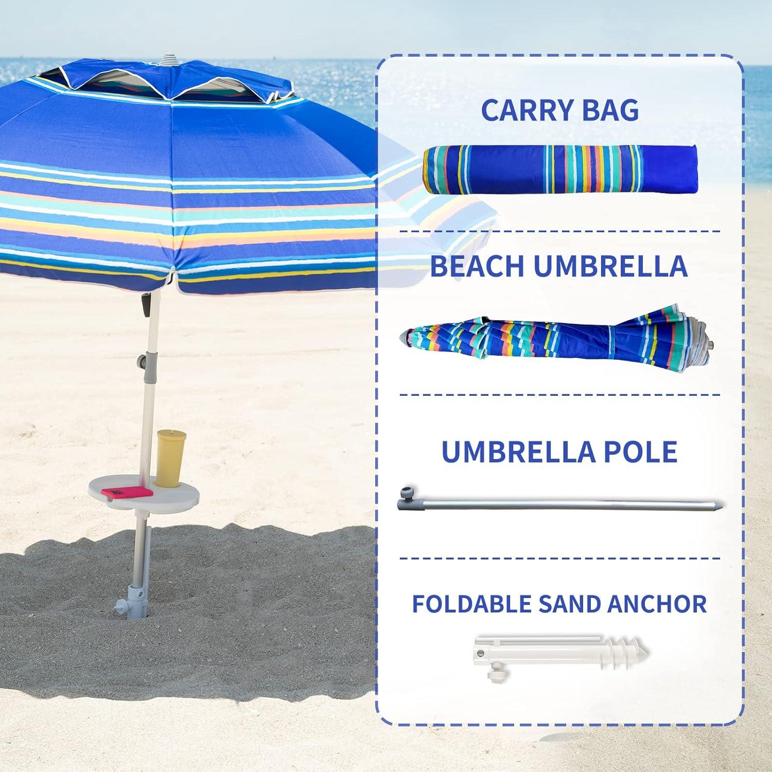 7ft Heavy Duty High Wind Beach Umbrella with Sand Anchor & Tilt Sun Shelter, UV 50+ Protection Outdoor Sunshade Umbrellas and Parasols Carry Bag for Patio Garden Beach Pool Backyard