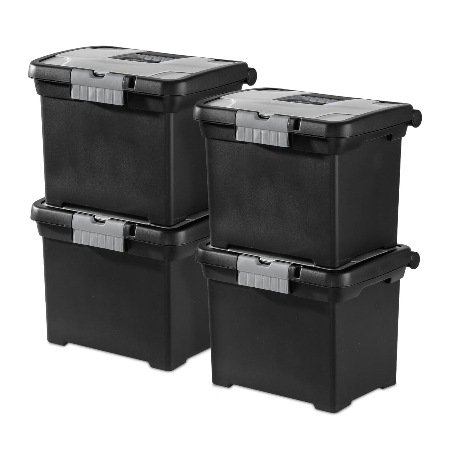 Sterilite Portable File Box, Stackable Storage Bin with Latching Lid and Handle, Plastic Container to Organize Papers in Home, Office, Black, 4-Pack