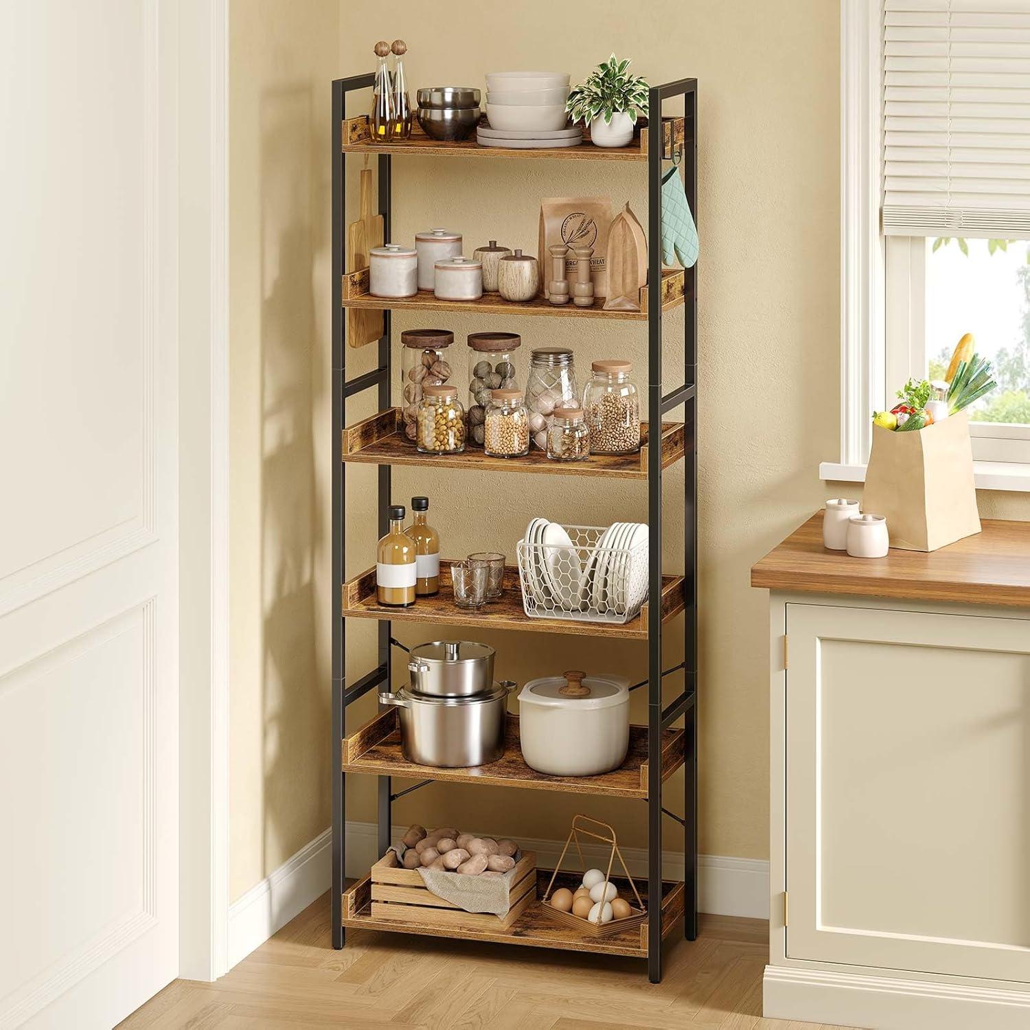 Bookshelf 6 Tier with 4 Hooks  Industrial Bookcase  Vintage Storage Rack with Open Shelves  Rustic Standing Bookshelves Metal Frame Display Rack for Living Room  Bedroom  Rustic Brown