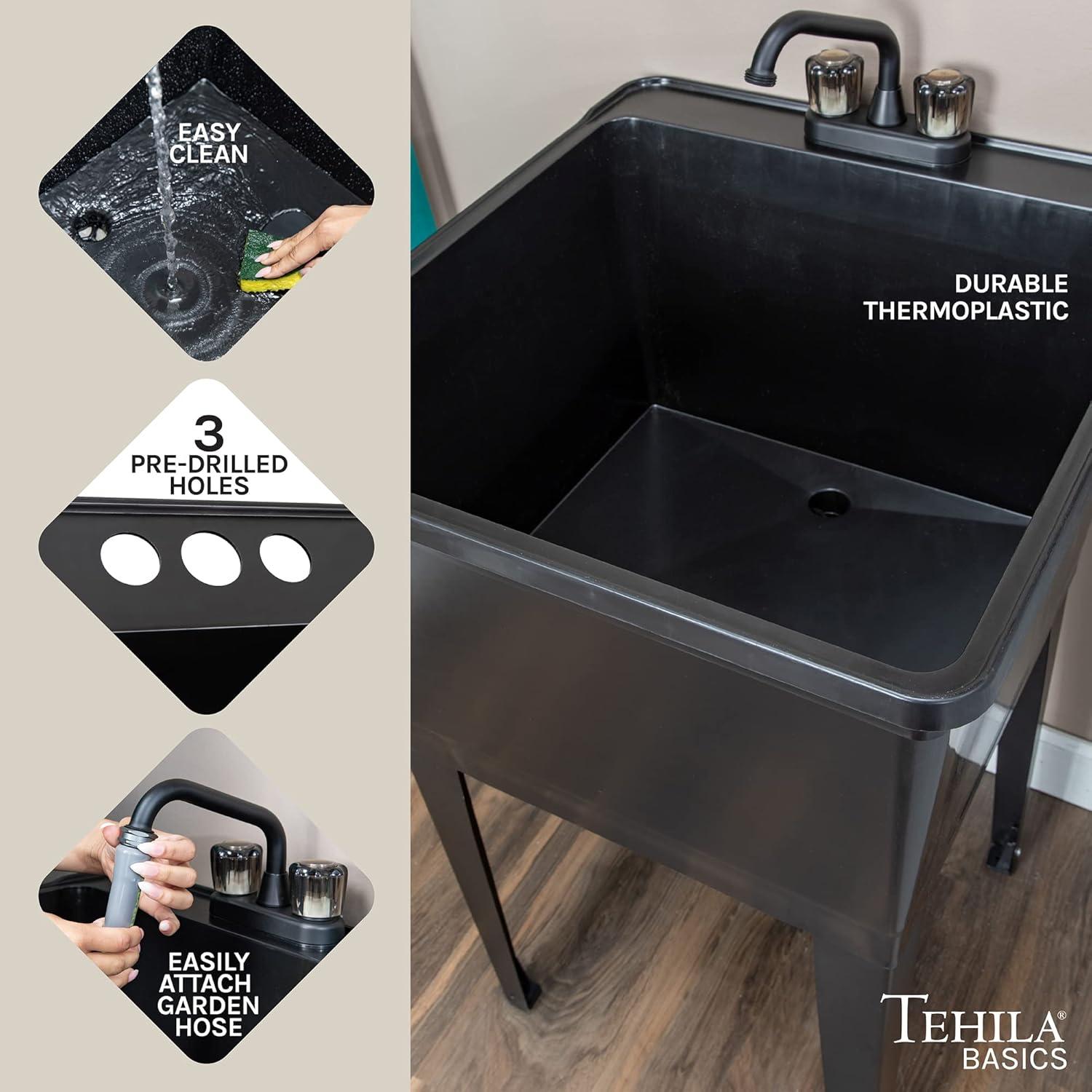 Black Thermoplastic Freestanding Utility Sink with Knob Faucet