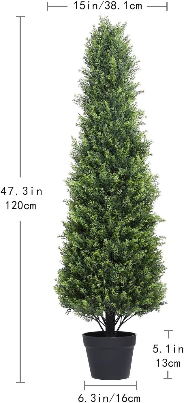 4ft Artificial Cedar Topiary Trees in Black Plastic Pots, Set of 2