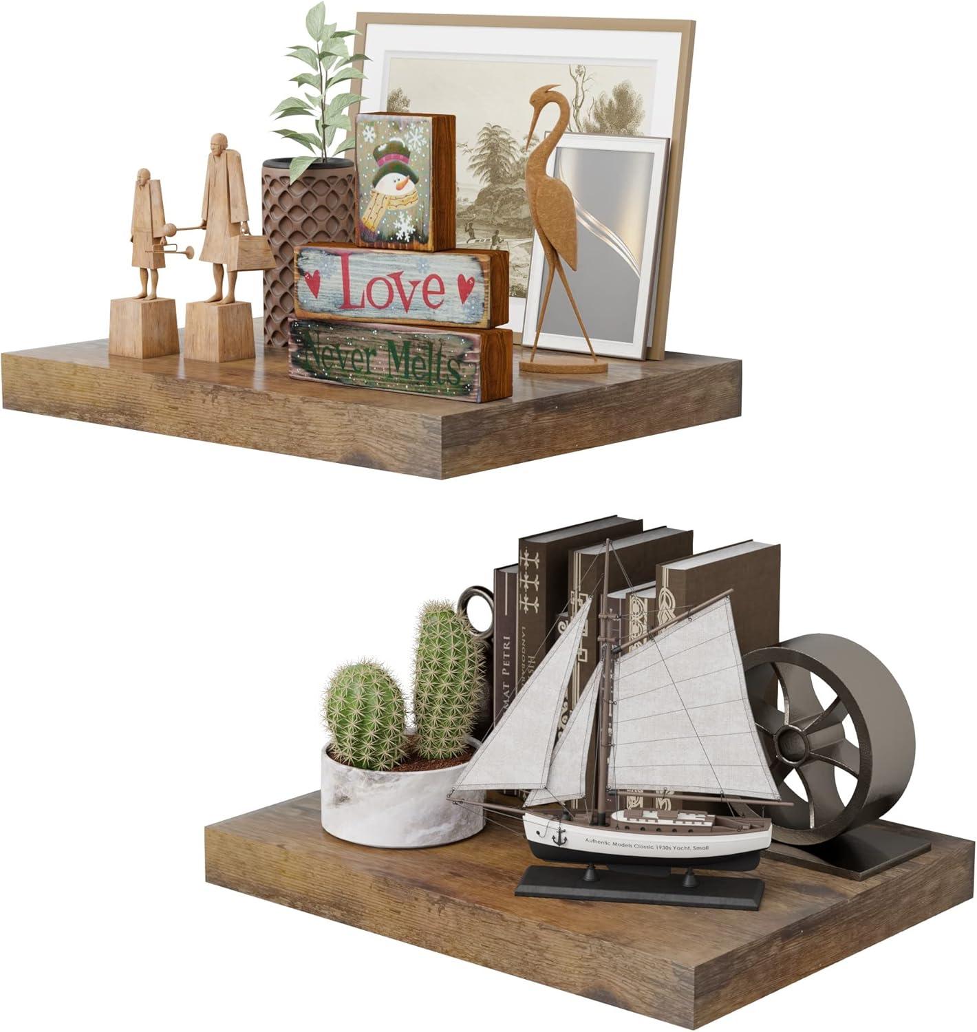 Rustic Brown 12 Inch Deep Floating Shelves for Wall - Set of 2, Wood Shelving Live Edge Shelves Display for Storage, Bathroom & Living Room, Bedroom, Kitchen, Office