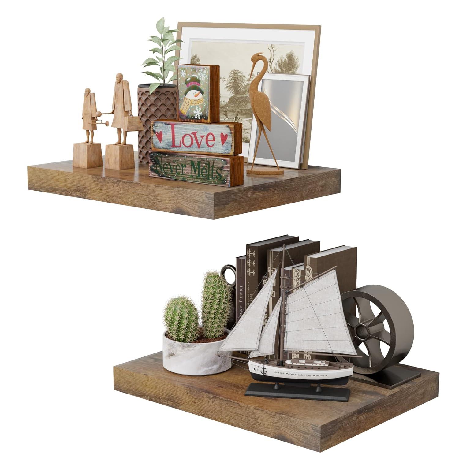 Rustic Brown 12 Inch Deep Floating Shelves for Wall - Set of 2, Wood Shelving Live Edge Shelves Display for Storage, Bathroom & Living Room, Bedroom, Kitchen, Office