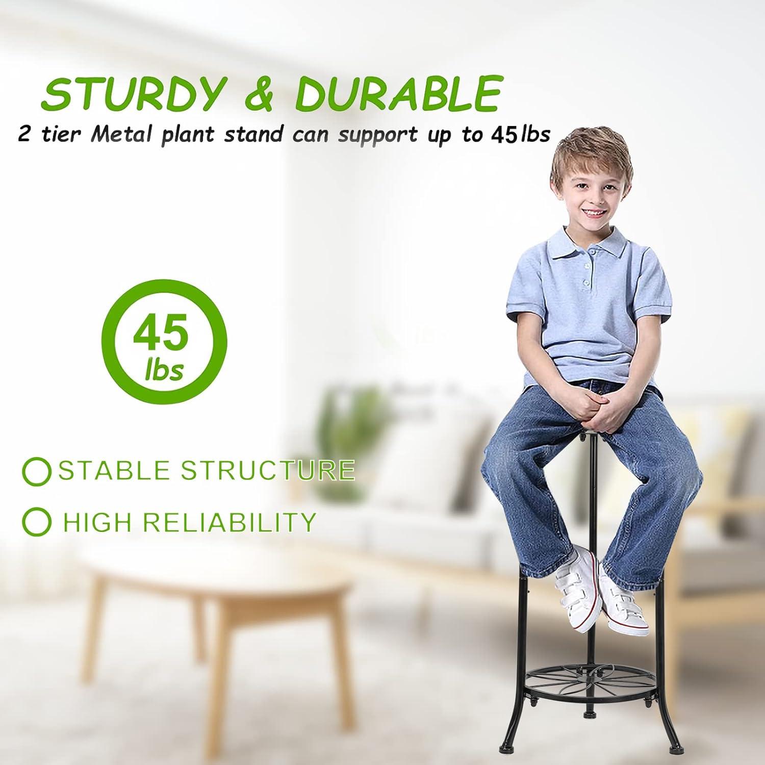 Plant Stands Indoor Outdoor, Metal Multiple Potted Plant Rack Holder, 2 Tier Tall Patio Flower Pot Stand for Corner, Anti-Rust 20.3" (Black)