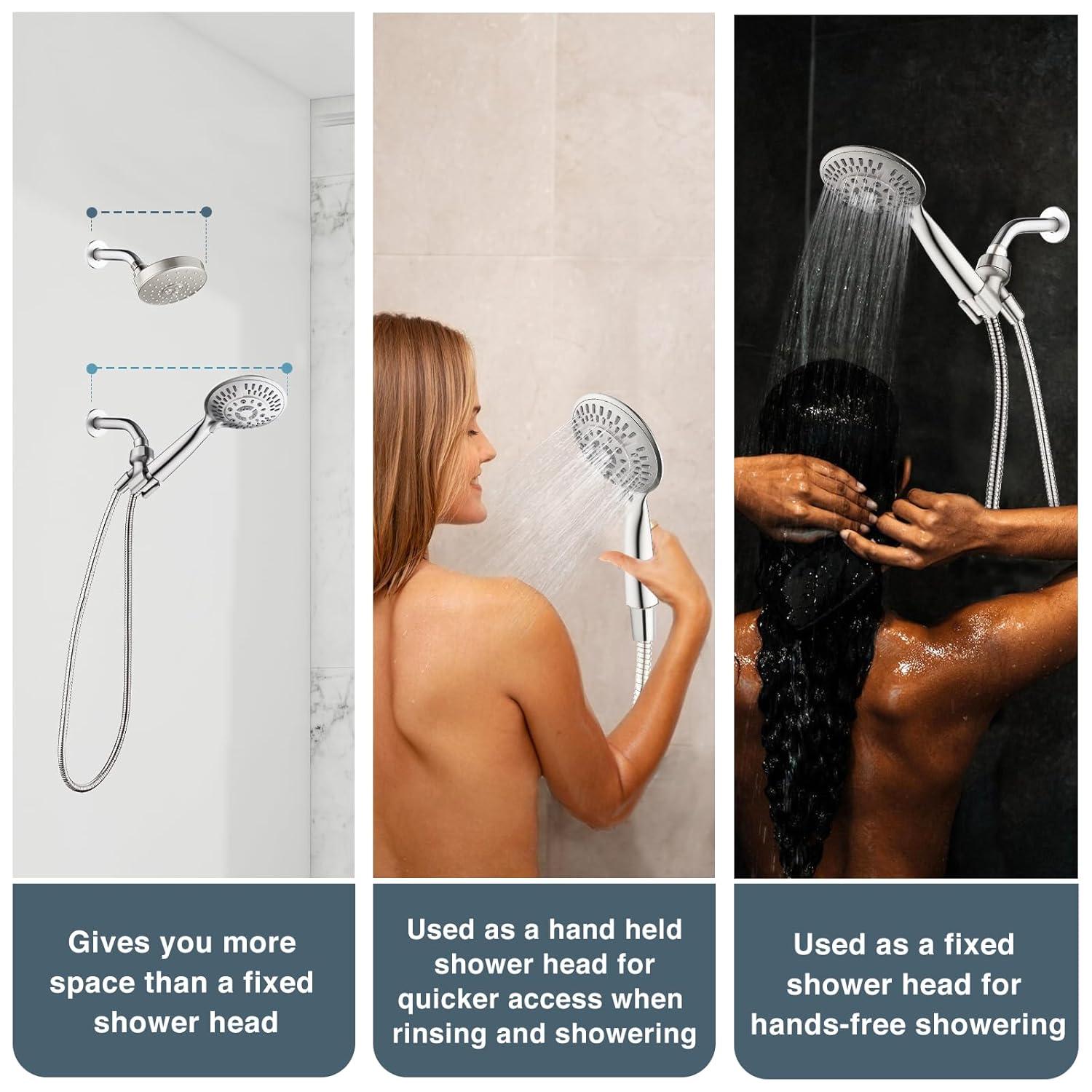 BRIGHT SHOWERS 9 Spray Settings Shower Head with Handheld High Pressure Brushed Nickel Hand Held Showerhead with 60 Inch Stainless Steel Hose and Adjustable Overhead Bracket