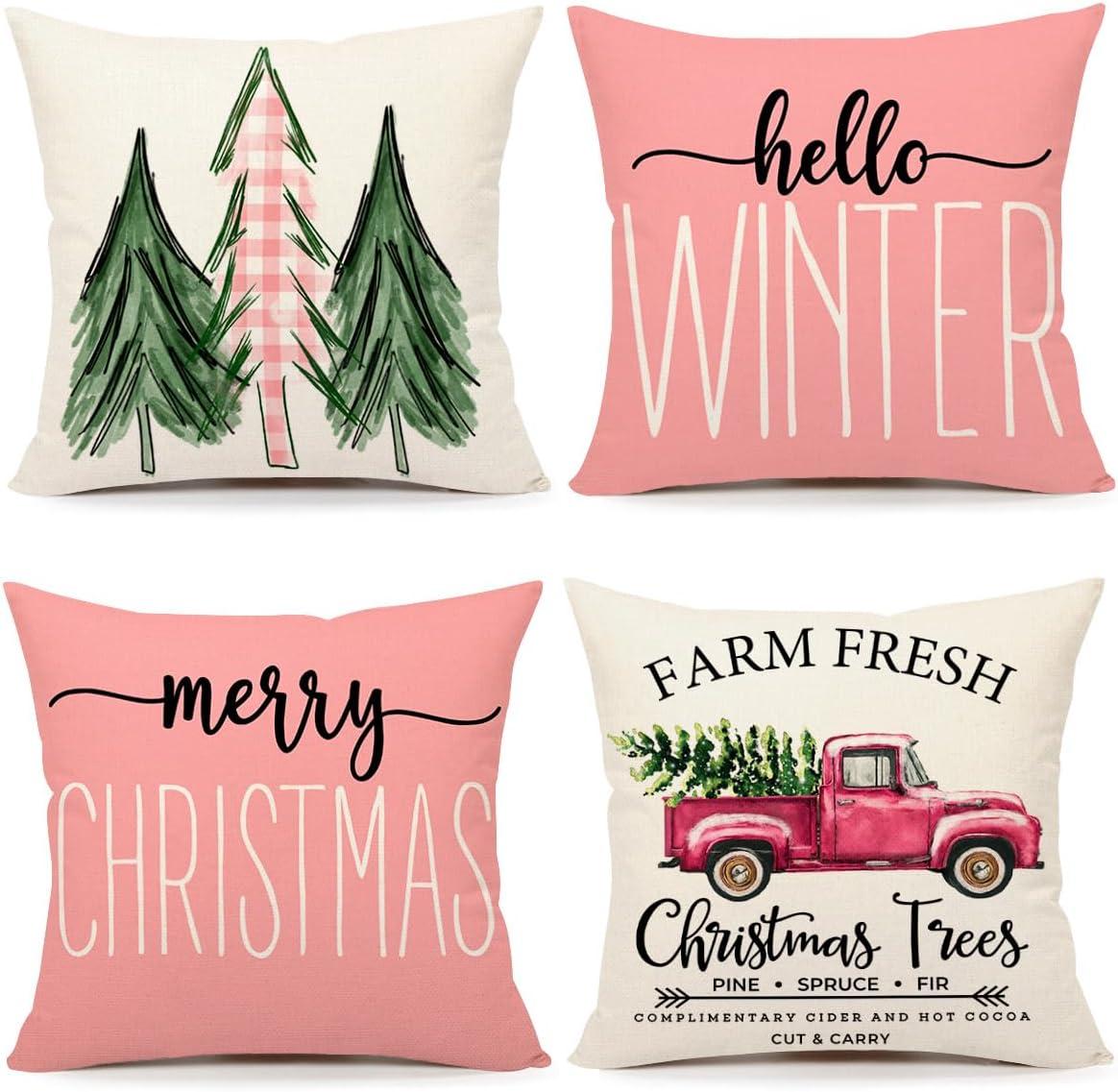 Pink Christmas Pillow Covers 18 x 18 Inch Set of 4 Striped Christmas Decorations Pink Christmas Tree Santa Claus Farmhouse Holiday Hello Winter Let it Snow Throw Pillows Cushion Case for Sofa Couch