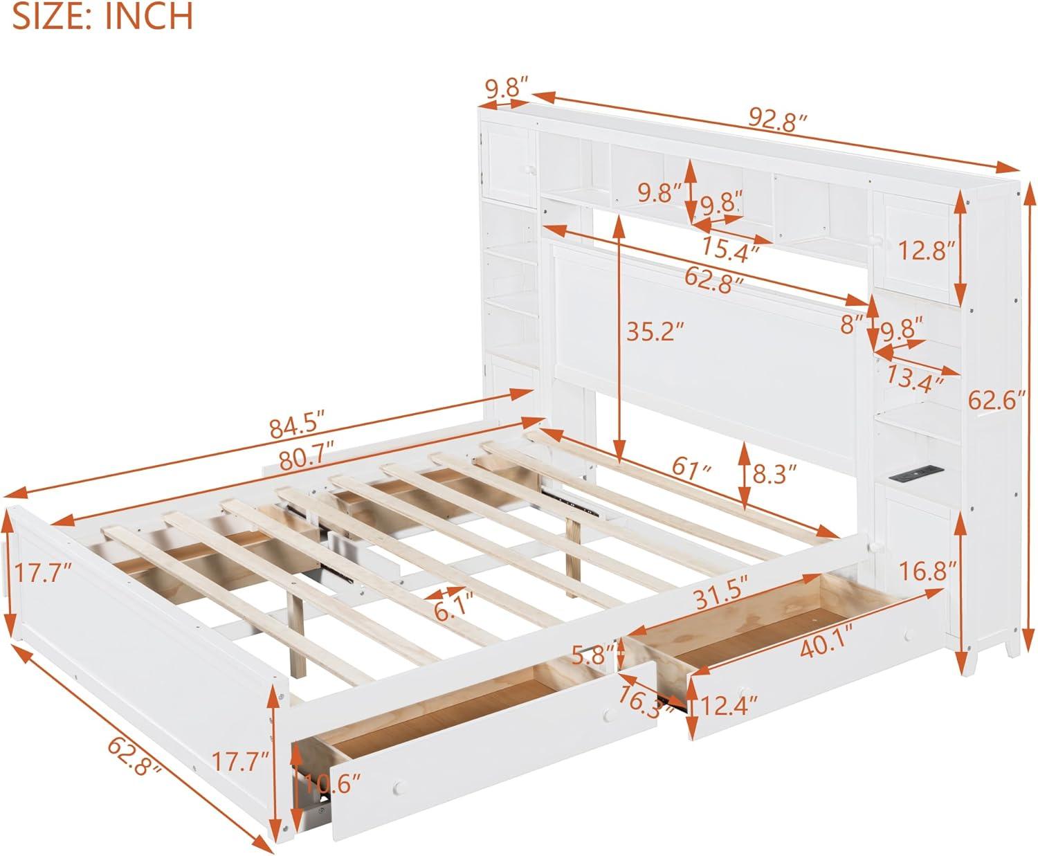 Merax Queen Size Platform Bed with 4 Drawers, Wooden Queen Bed with All-in-One Cabinet, Shelf and Sockets, White