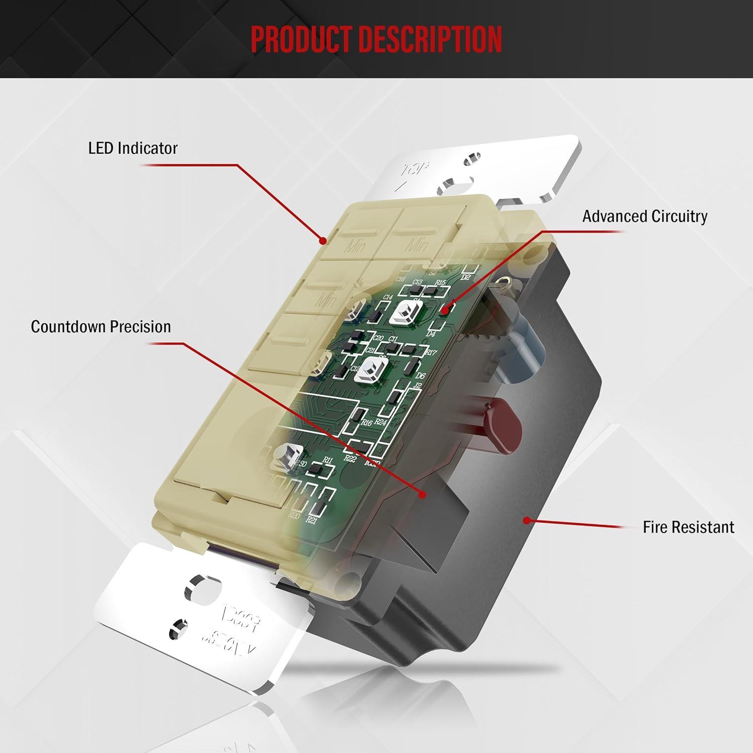 ENERLITES 4-Hour Countdown Timer Switch, 5-10-30-60 Min, 2-4 Hour, for Bathroom Fans, Heaters, Lights, LED Indicator, 120VAC 800W, No Neutral Wire Required, UL Listed, HET06-J-I, Ivory