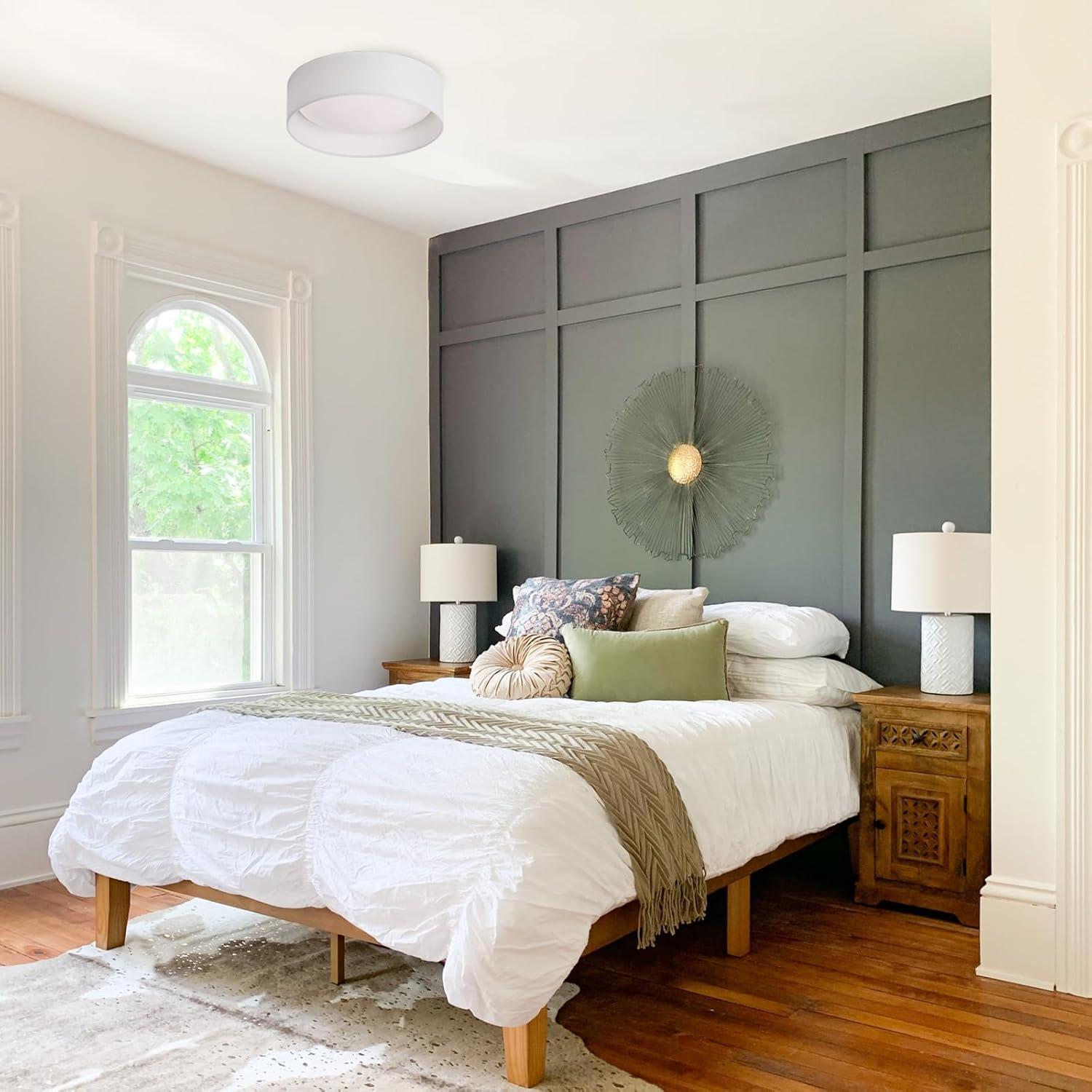 13" White Fabric Flush Mount Ceiling Light, 24W 3000K LED Closed to Ceiling Light Fixture with Classic Linen Drum Design for Bedrooms, Kitchen, Dining Room, Hallway