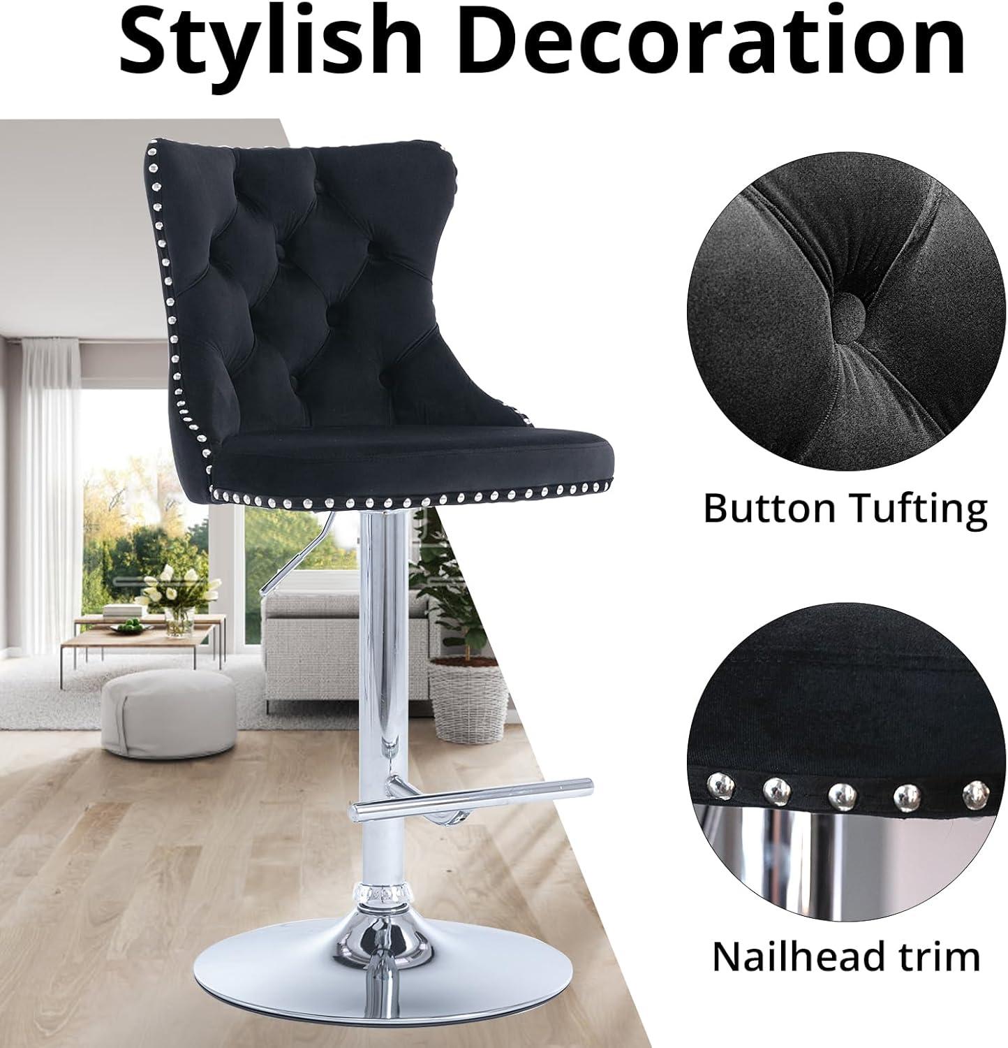 Swivel Barstools with High Back, 2pcs Velvet Bar Chairs with Button Tufted and Nailheads Trim, Counter Height Bar Stools for Home Bar Kitchen Island Cafe,Adjusatble Seat Height, Black+Silver