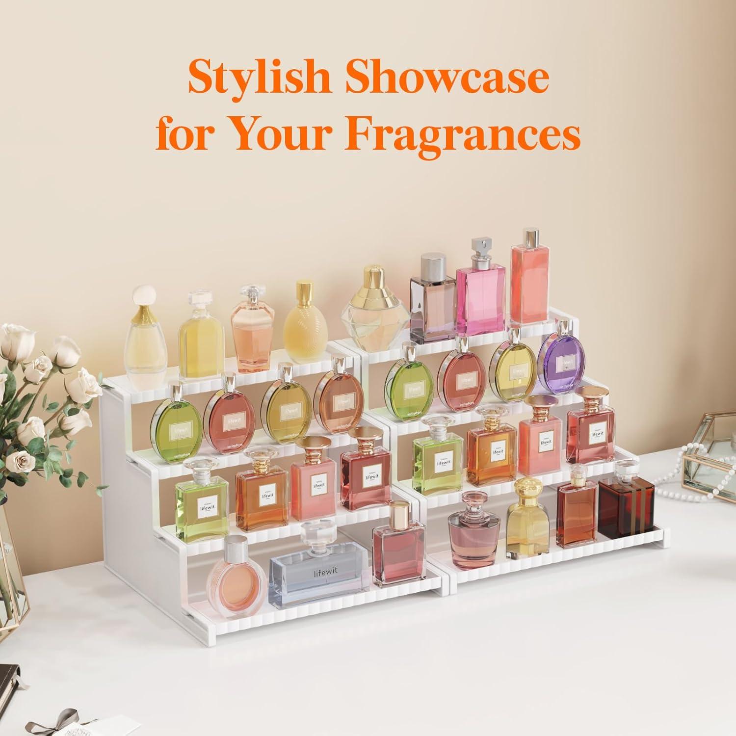Lifewit 4 Tier Clear Display Risers Stand With Decorative Fences, Plastic 12 Inch Perfume Organizer, Display For Figures, Cupcake, Dessert, Desktop Stand For Organization And Decor, 1 Pack