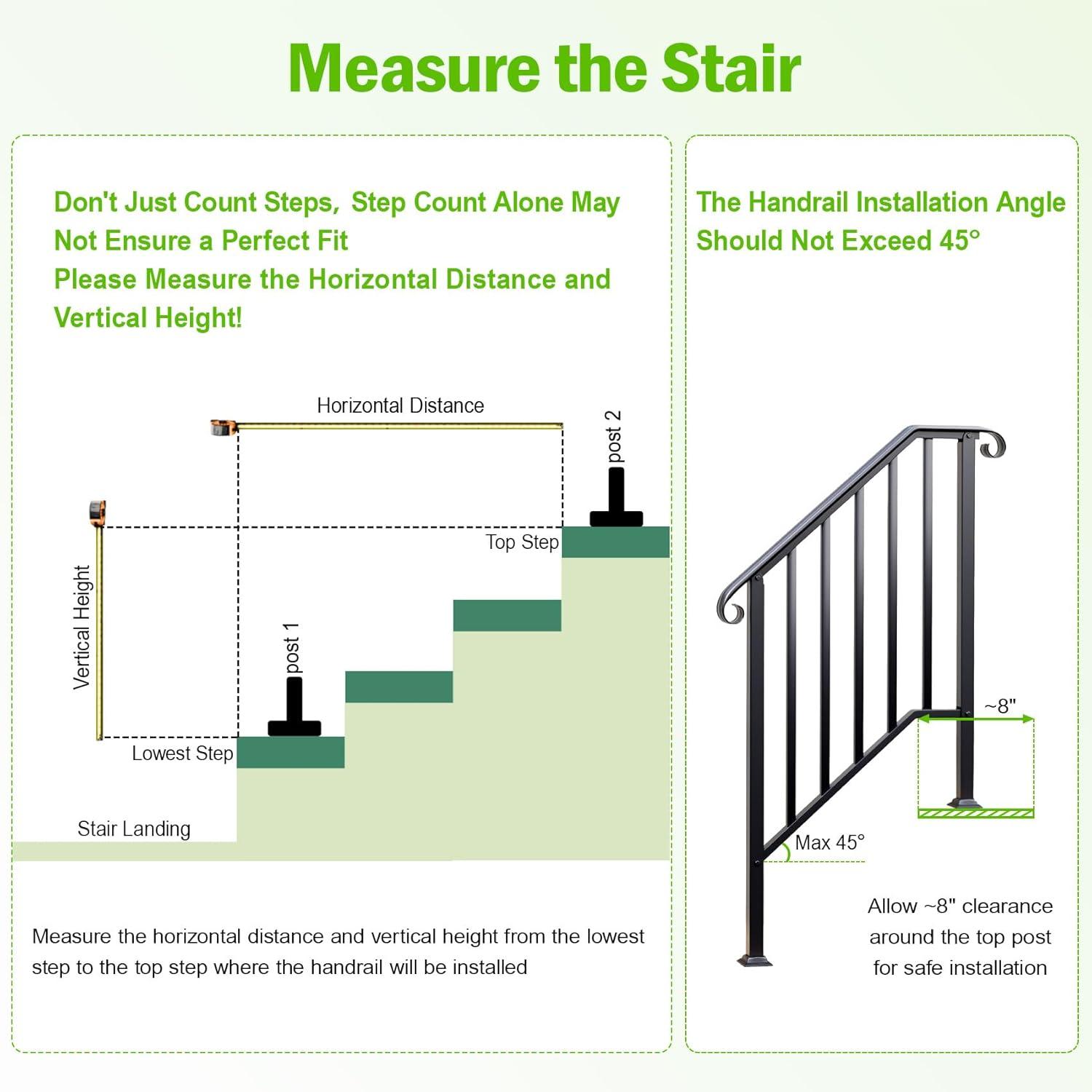 2 Pack 5 Step Handrails for Outdoor Steps, Wrought Iron Stair Railing Fits 4 or 5 Steps, Metal Hand Rail with Installation Kit, Staircase Handrails for Concrete, Porch, Deck, Exterior Steps, Black