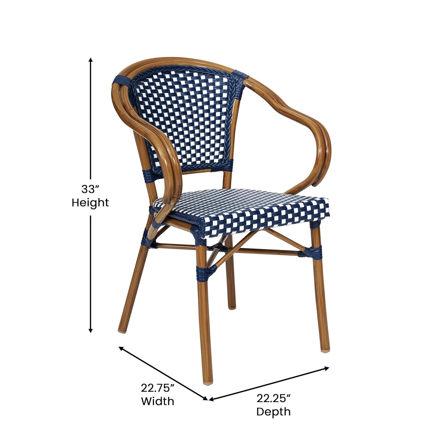 Flash Furniture 4 PK Bordeaux Indoor/Outdoor Commercial Bistro Stacking Chair w/ Arms, Navy & White PE Rattan & Bamboo Print Aluminum Frame in Natural